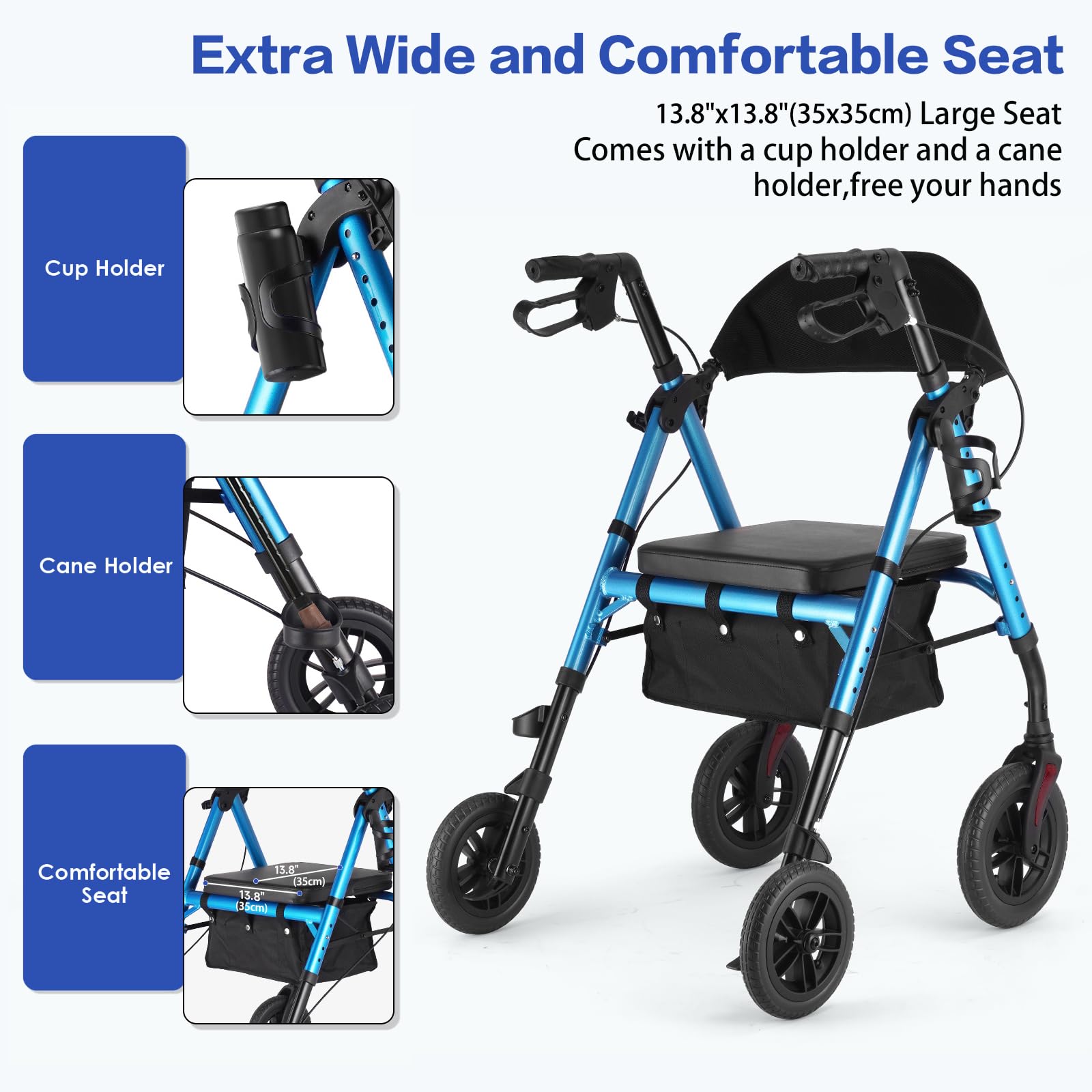 Ambliss 10" Front Wheeled Walkers for Seniors,Rollator Walker with Seat and Extra Wide Backrest, Lightweight Collapsible Rolling Walker, Adjustable Height Rollator Walker with Cup & Cane Holder (Blue)