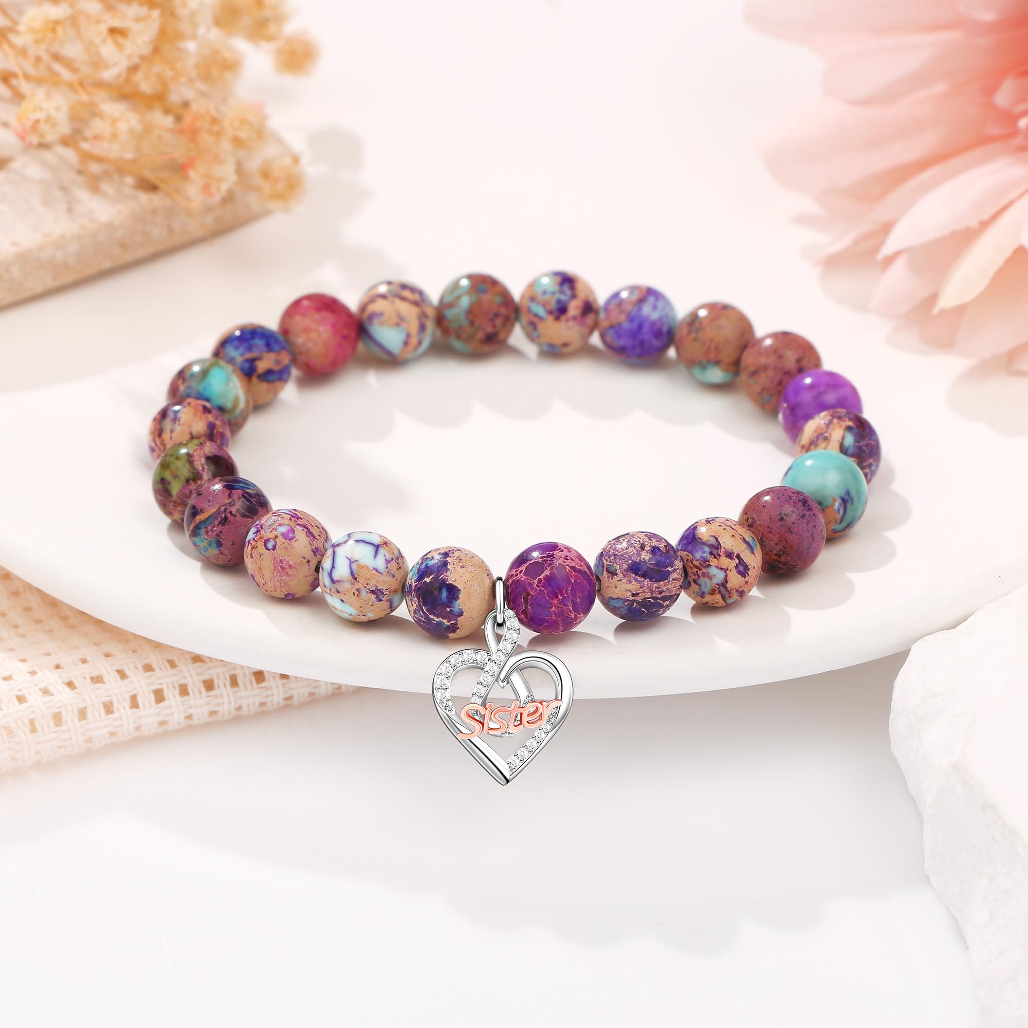 JoycuFF Christmas Birthday Gifts for Sister Bracelet, To My Sisters Gift Gifts from Brother, Christmas Mothers Day Unique Gifts for Sister Colorful Imperial Jasper Natural Stone Bracelets for Women