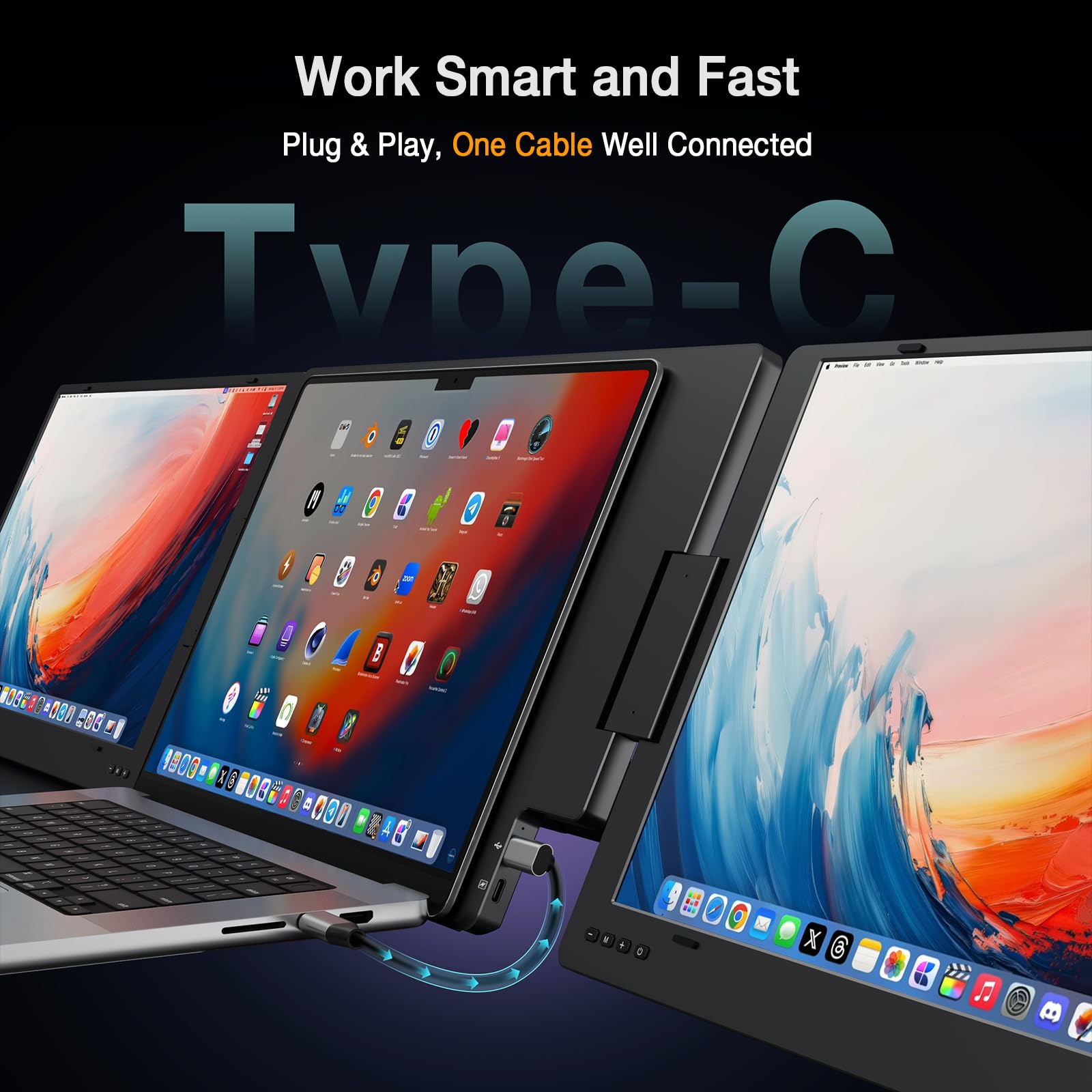 KYY 15.6" Laptop Screen Extender, 1080P FHD IPS Portable Monitor, One Cable USB-C Triple Monitor, Dual Travel Screen for 12"-17'' Laptops, 360° Rotation & Kickstand,X90D (Driver Need)