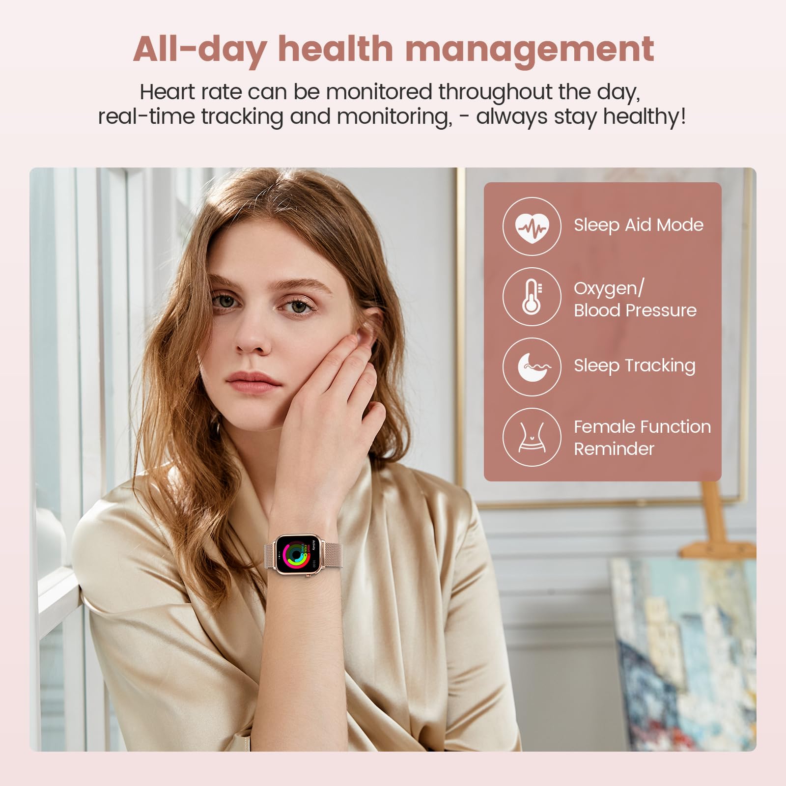 elfofle Smart Watches for Women,1.83" Fitness Tracker with Answer/Make Calls/Sleep Monitor/IP67 Waterproof /SpO2 Fitness Tracker/Sleep Monitor Watch for Android iOS (Gold)