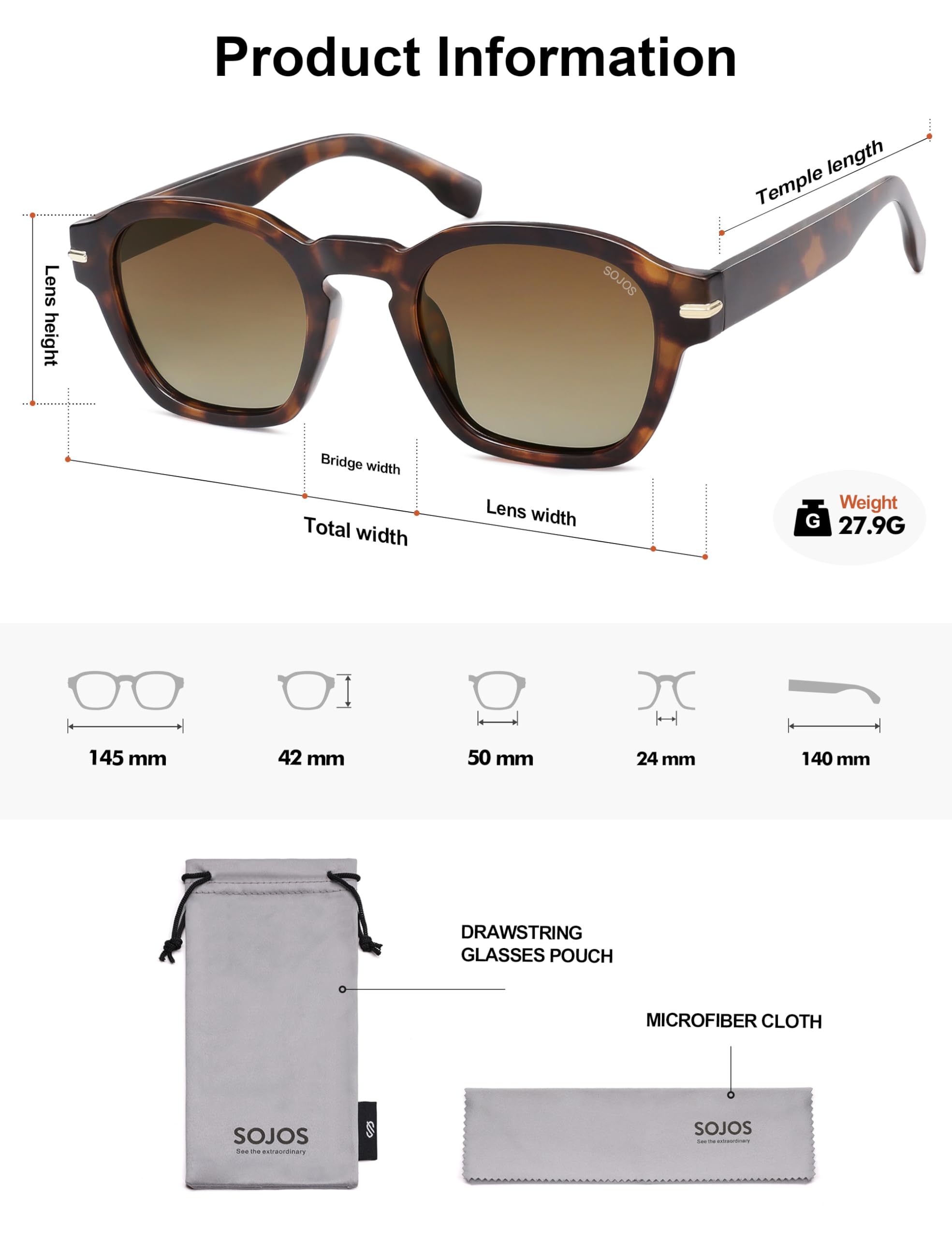 SOJOS Vintage Retro Square Polarized Sunglasses Men Trendy Womens Sun Glasses SJ2382 Tortorise Frame Coffee Grading Lens