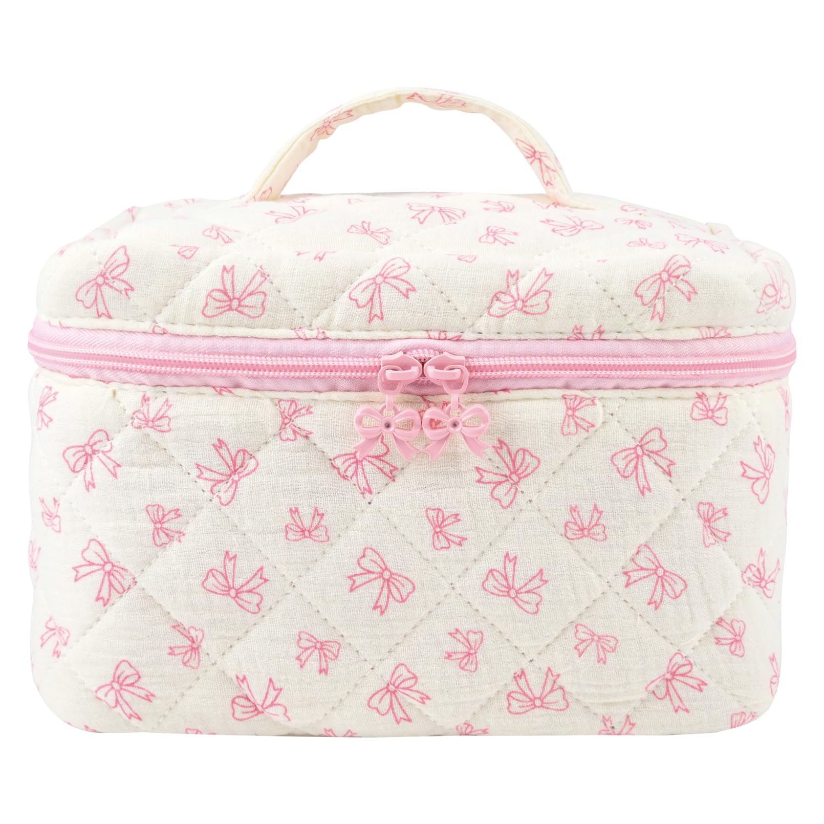 SOIDRAM Large Makeup Bag Quilted Makeup Bags Cute Cosmetic Bag for Women Girls Floral Coquette Aesthetic Toiletry Bag Travel Make Up Organizer Pink Bow Skincare Bag