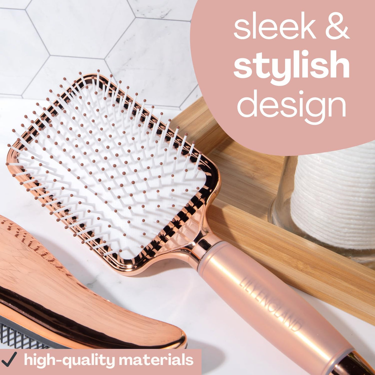 Lily England Hair Brush for Women For All Hair Types - Professional Paddle Brush for Blow Drying, Hair Detangling, & Straightening - Flat Hairbrush With Gel Handle for Easy Grip, Rose Gold
