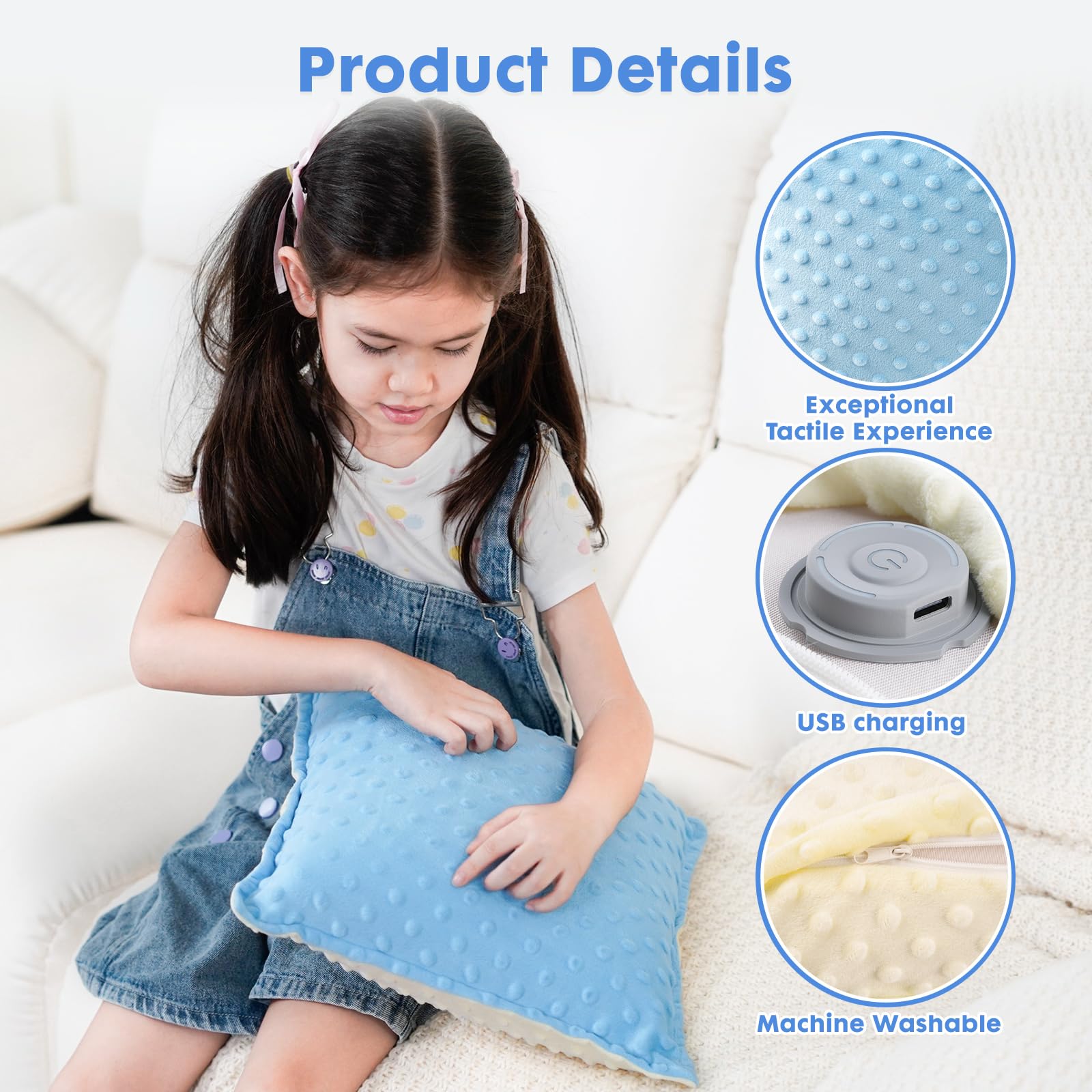 Bmag Sensory Vibrating Pillow for Autistic Kids and Adults,13” x 13” Sensory Toy Gift with Textured Therapy Stimulation Bumps Relief Stress Item for Toddler - Blue and Yellow
