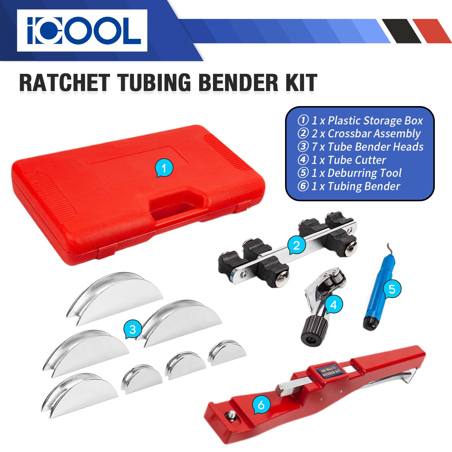 ICOOL Tubing Bender Kit Hand Tool 1/4 to 7/8 Inch for Soft Copper Aluminum HVAC Refrigeration System Maintenance, with Tube Cutter