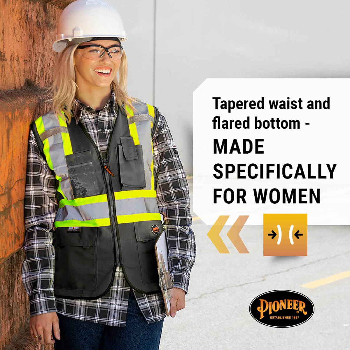 Pioneer Safety Vest for Women with Pockets - Hi-Vis Reflective Tape - for Construction - Black