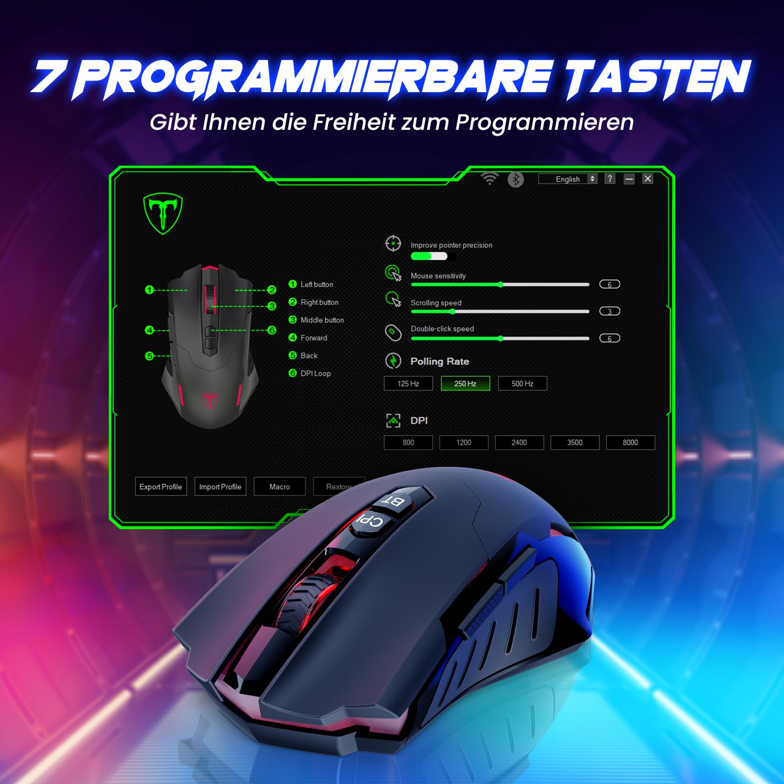 RisoPhy Wireless Gaming Mouse with 8000 DPI, 2.4G & Bluetooth Dual Mode Connection - Ergonomic Design, 7 Programmable Buttons, RGB backlighting, Precision Sensor for PC and Gaming