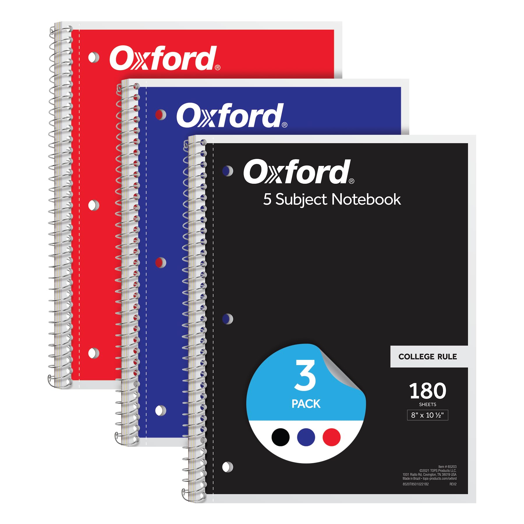 Oxford Spiral Notebook 3 Pack, 5 Subject Writing Journal, 3-Hole Punch, College Ruled Paper, 4 Dividers, 8 x 10-1/2 Inch, Black, Red, Blue, 180 Sheets (65203)