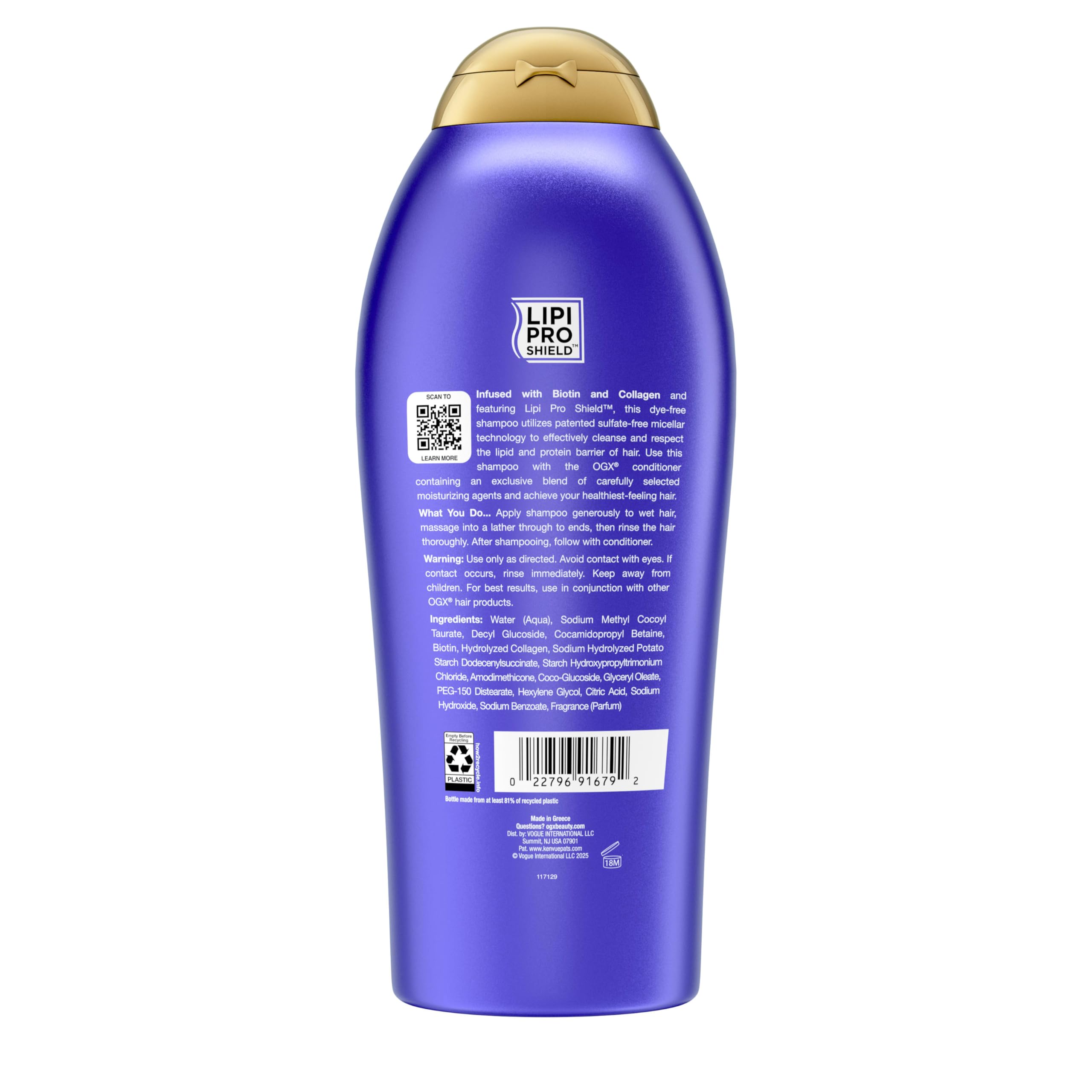 OGX Thick & Full + Biotin & Collagen Volumizing Shampoo, Nutrient-Infused Hair Shampoo with Vitamin B7 Biotin Gives Hair Volume & Body for 72+ Hours, Sulfate-Free Surfactants, 25.4 fl. oz
