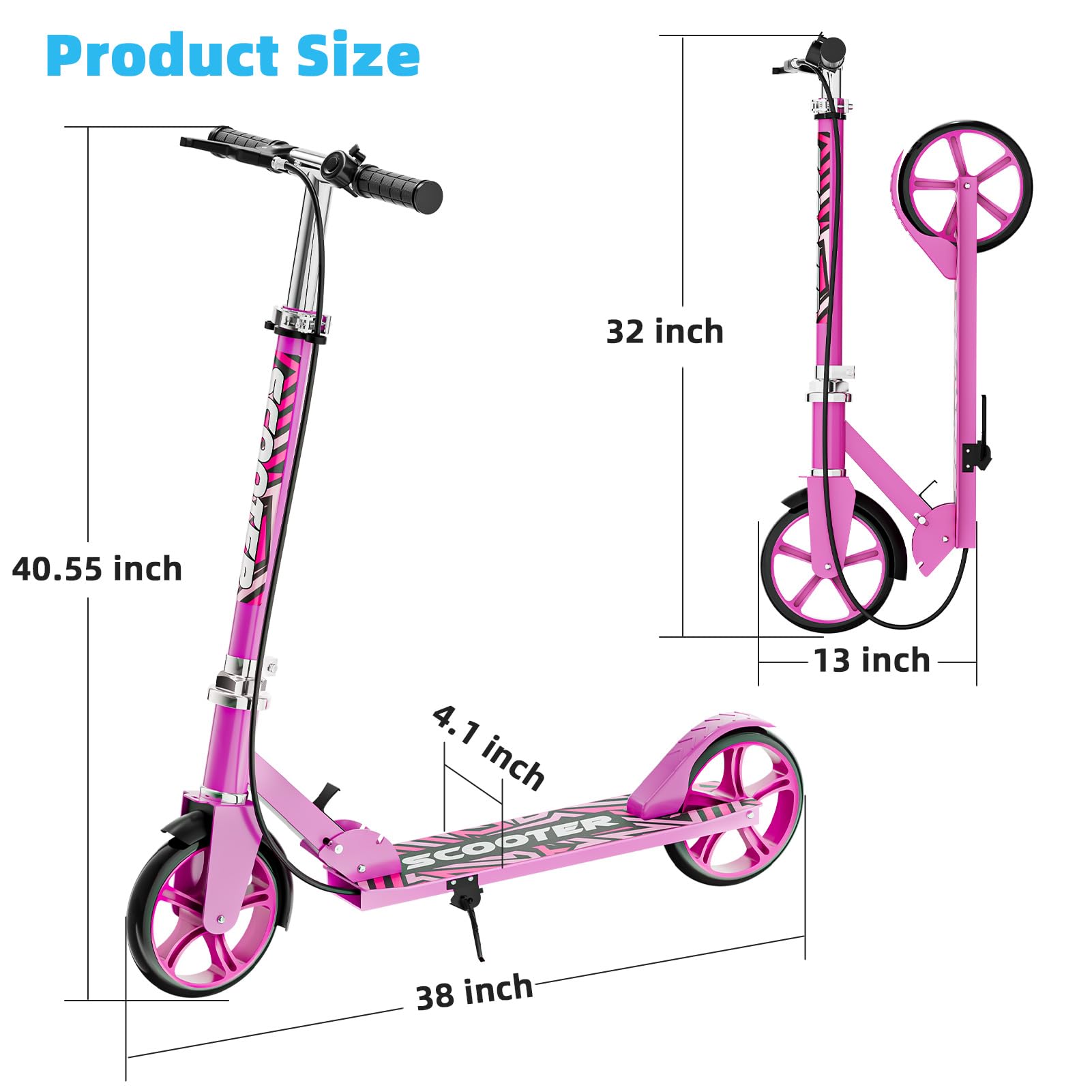 Scooters for Kids 8-12, Teens & Adults - Lightweight, Foldable, 8-Inch Big Wheels, Hand Brake & Bell, 4 Adjustable Height Levels, 240 lbs Max Load, Perfect for School, Campus and Park Rides, Pink