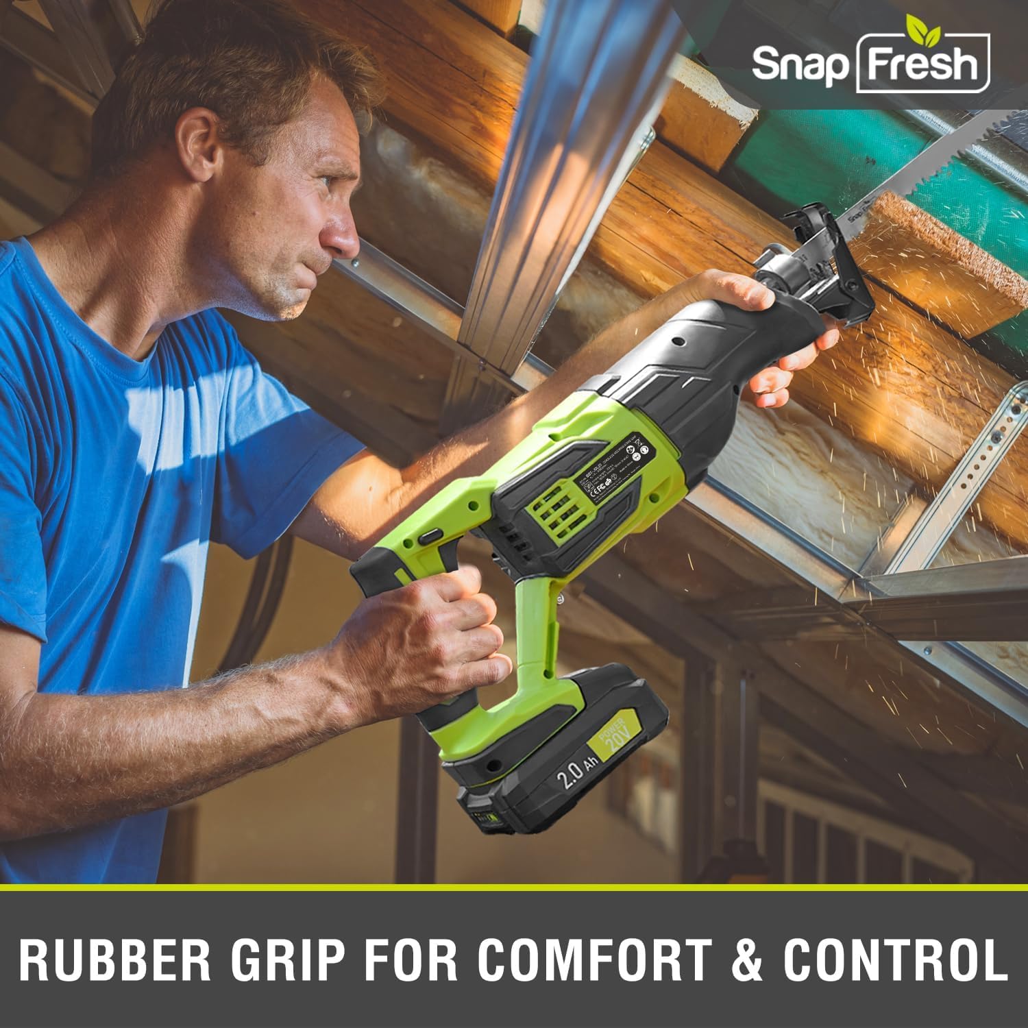 SnapFresh 20V Cordless Reciprocating Saw –3000 SPM, Variable Speed Trigger, Tool-Free Blade Change, LED Light, Lightweight & Compact for Wood, Metal, Plastic, 2.0Ah Battery & Fast Charger Included