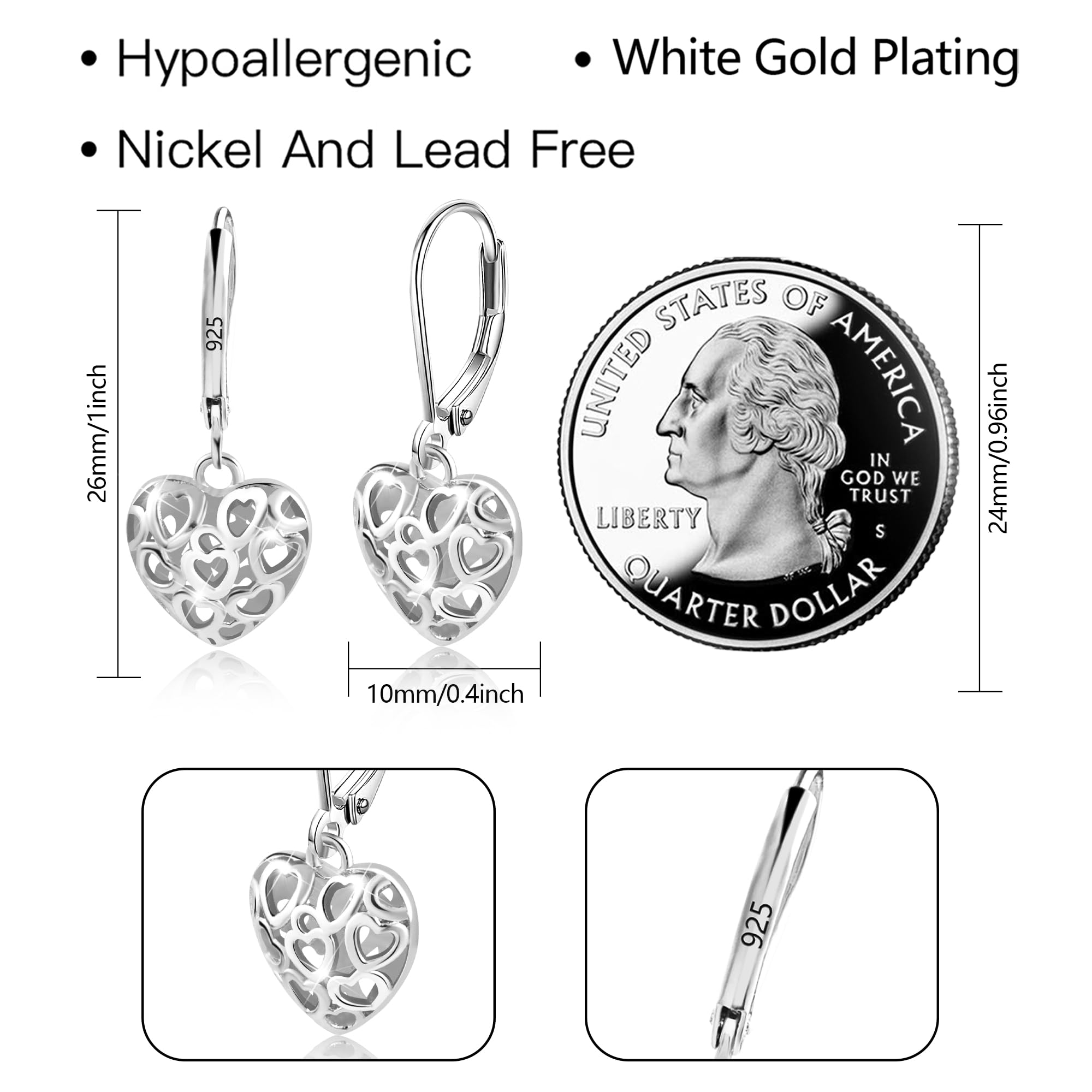 LANCHARMED 925 Sterling Silver Heart Dangle Drop Earrings for Women Girls, Trendy French Style Silver Leverback Earrings, Hypoallergenic Jewelry Gift