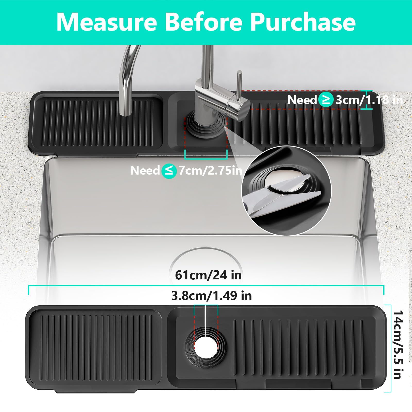 24 Inch Longer Faucet Mat for Kitchen Sink, 5ยฐ Slope Fast Self-draining, Kitchen Sink Splash Guard Silicone Sink Faucet Mat Splash Guard Kitchen Sink Area Tidy Splash Faucet Guard Draining Mat