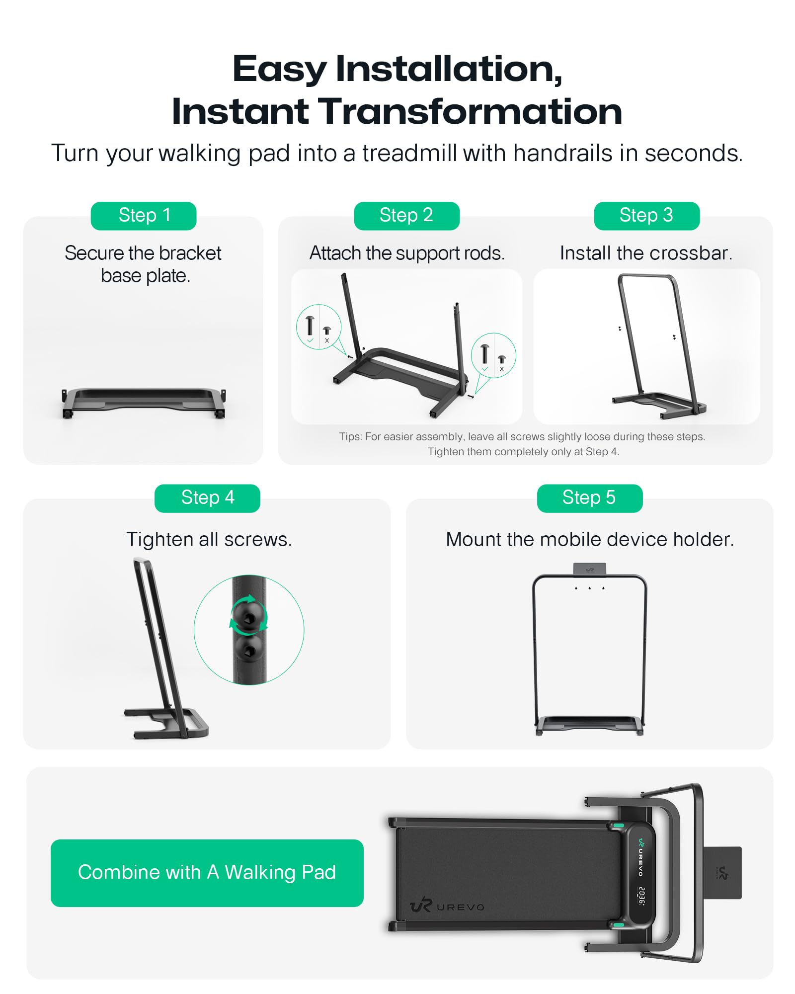 UREVO Walking Pad Handle Bar Only, Universal Compatible for Walking Pads 23.6'' Wide, Transform WalkingPad Into a Treadmill in Seconds, Easy Moving with Wheels, Quick Assembly, Sturdy Design, Black