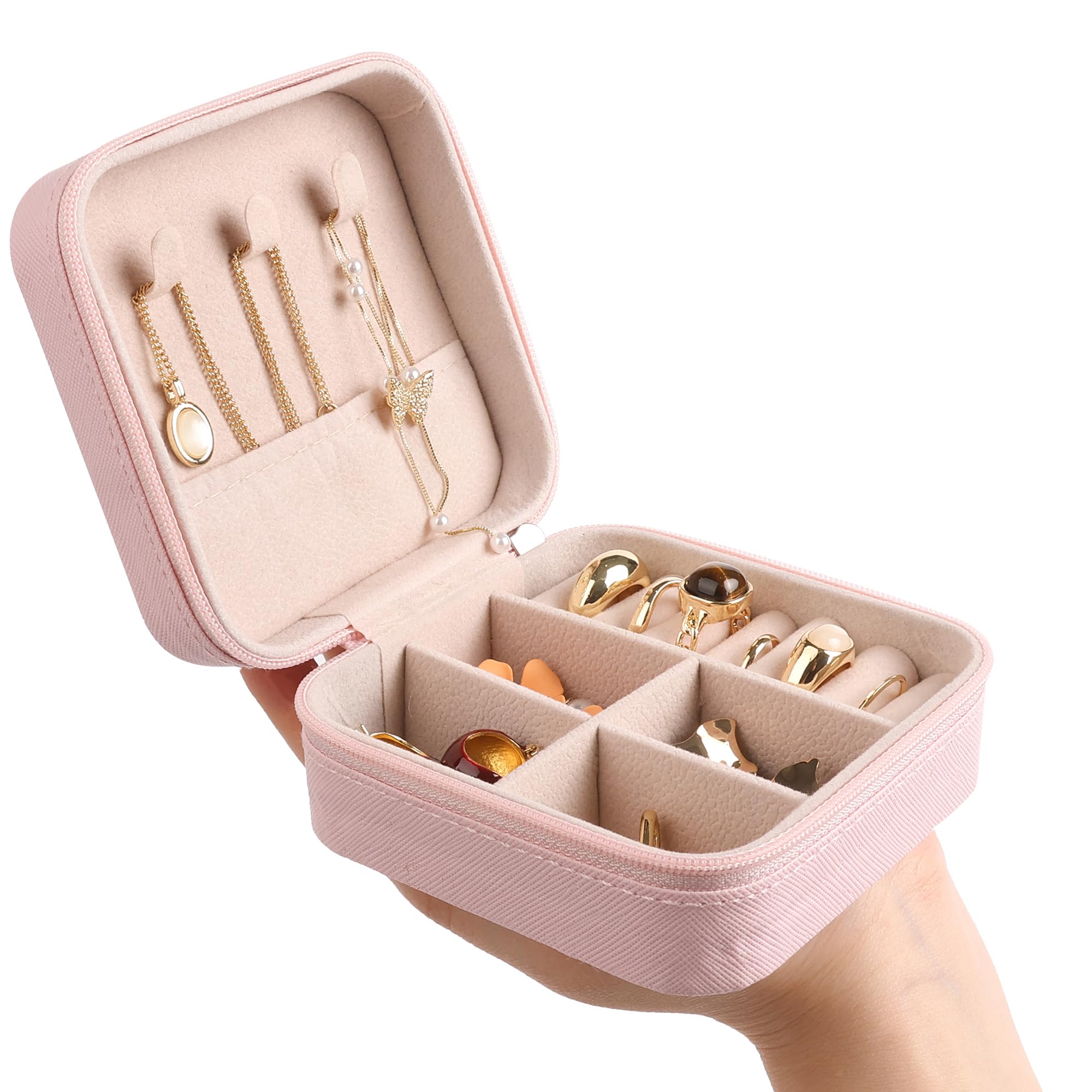 OceeK Mini Jewelry Travel Case,Pink Travel Jewelry Case,Small Travel Jewelry Organizer, PU Leather Travel Jewelry Organizer Box Double Layer Travel Accessories,Pink,1 Pack