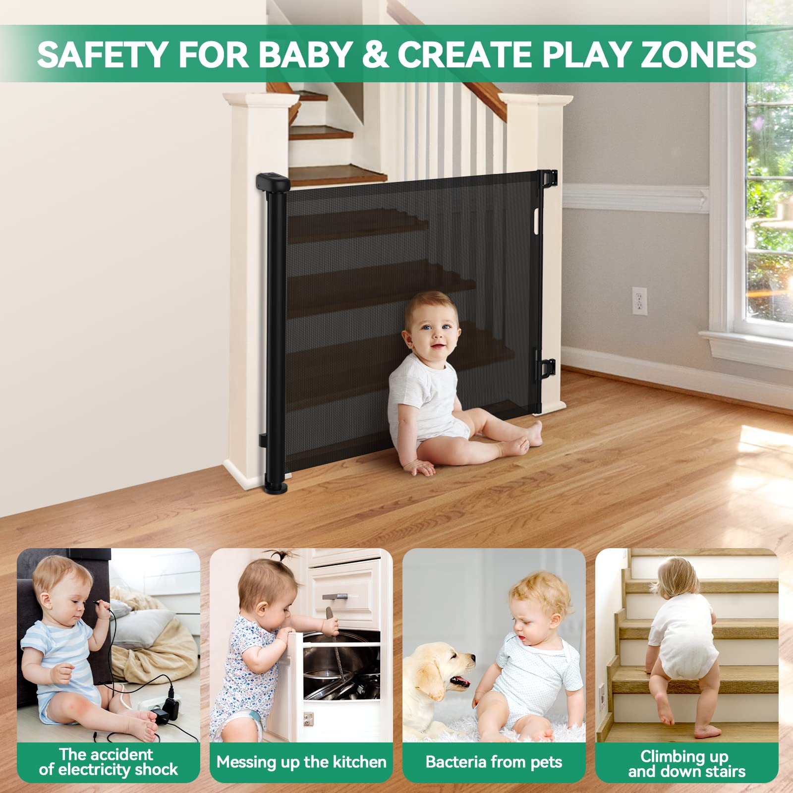 Retractable Baby Gate, 33" Tall, Extends up to 55'' Wide, Child Safety Baby-Gate, Dog Gate, Pet Retractable Gates for Stairs, Doorways, Hallways, Indoor and Outdoor