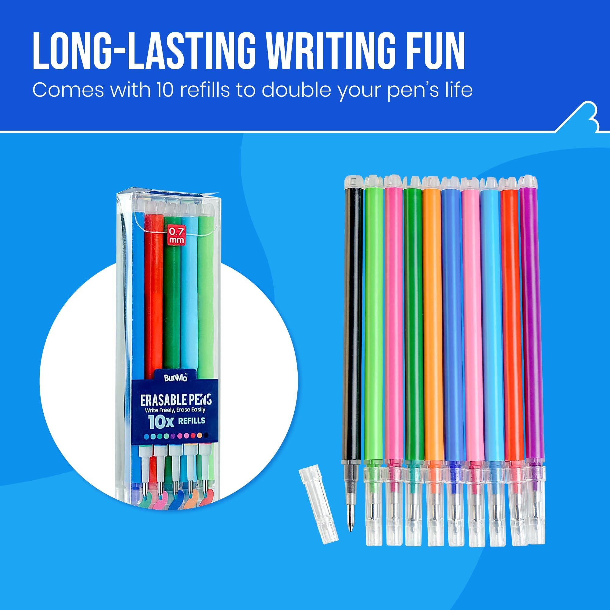 BUNMO Erasable Gel Pens 10 Pack - Multicolor with 10 Refills - School Supplies for Girls - Erasable Pens for Smooth Writing & Drawing - Tween Girls Gifts