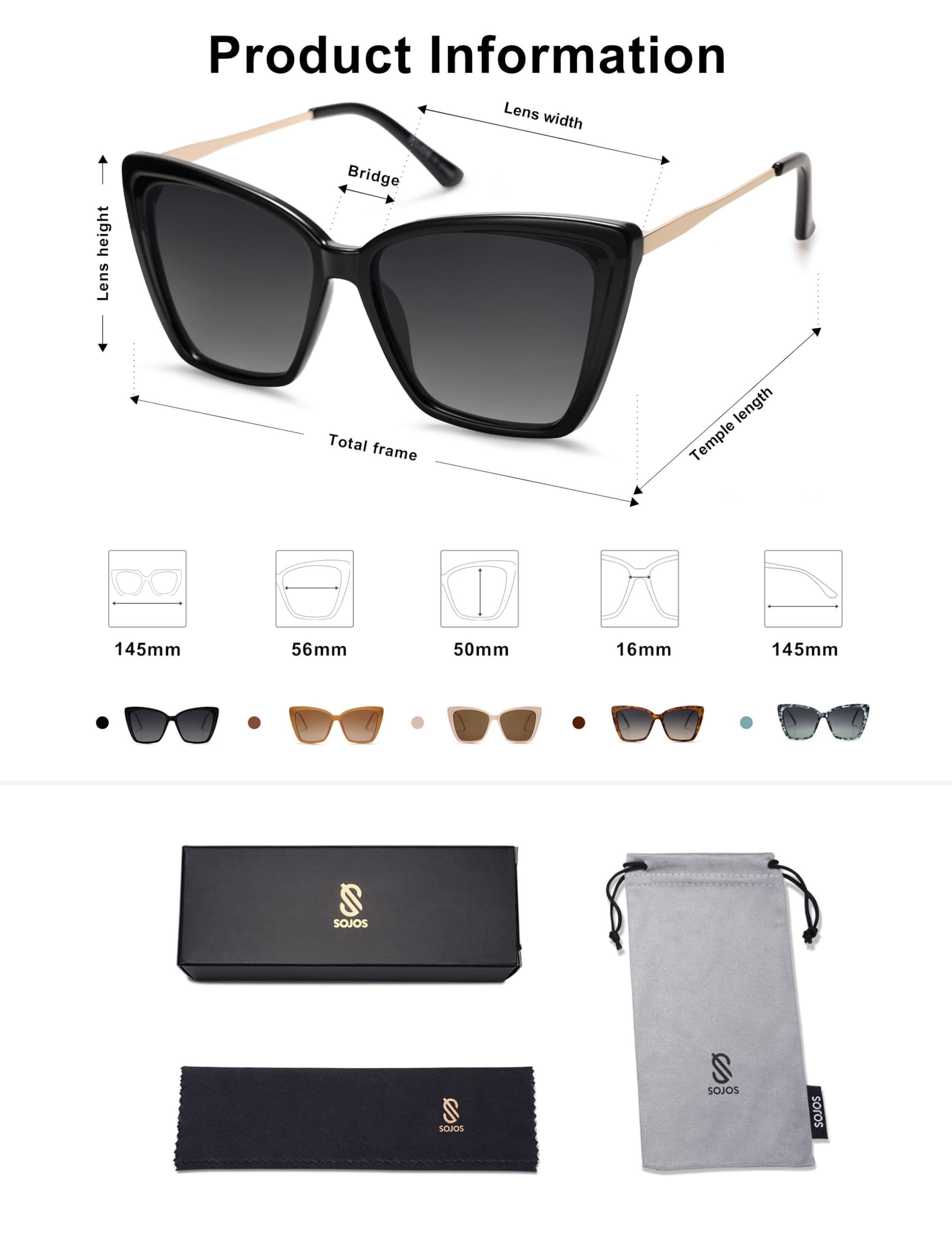 SOJOS Trendy Polarized Sunglasses For Women Retro Womens Oversized Square Cat Eye Sun Glasses UV Protection SJ2206 Black Frame/Grey Grading Lens