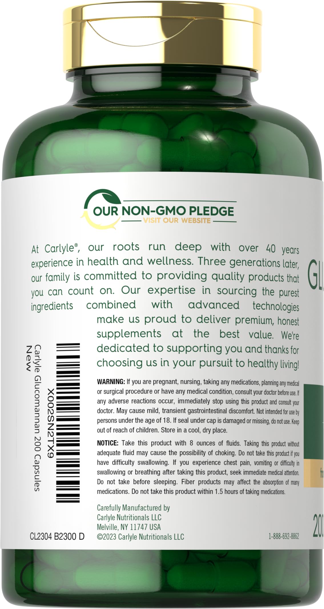 Carlyle Glucomannan Capsules | 200 Count | Soluble Fiber Pills | Non-GMO, Gluten Free Supplement