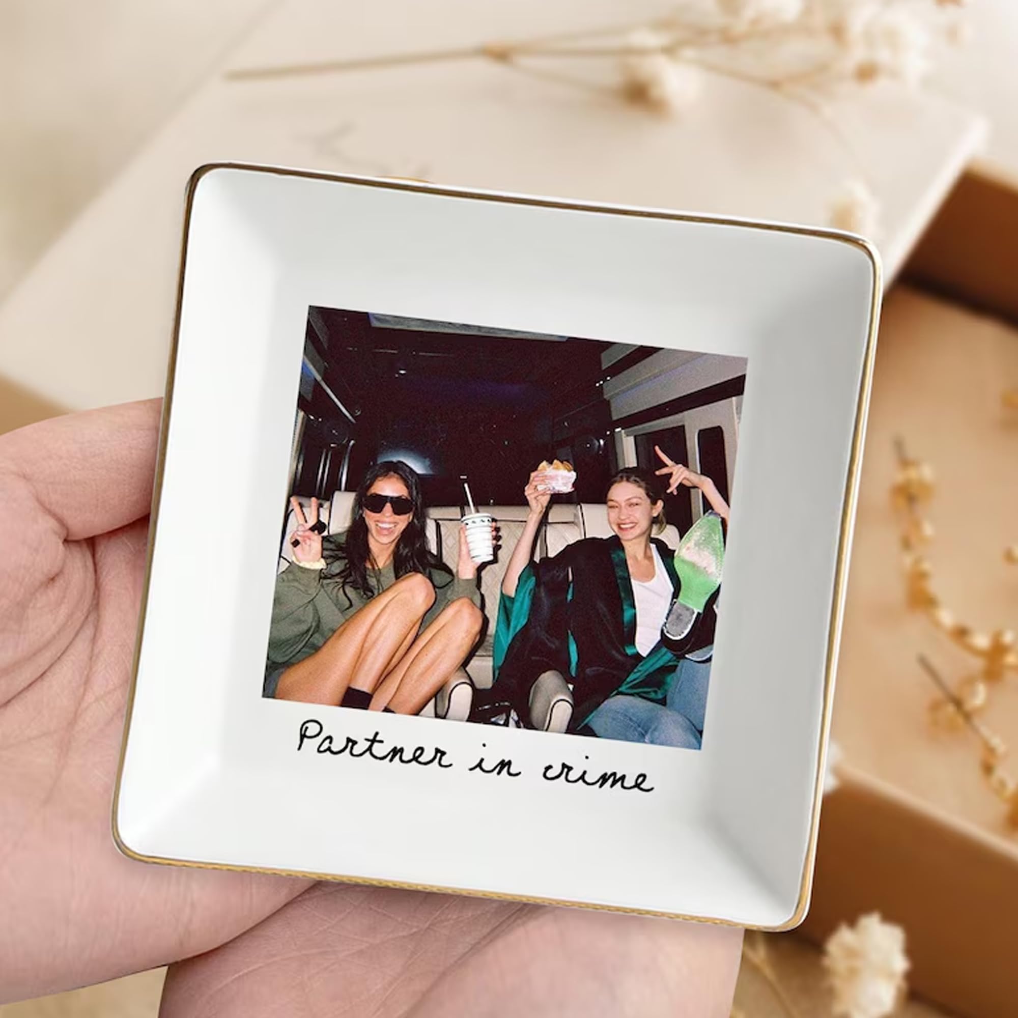 Hugsly Personalized Besties Photo Ring Dish, Custom Jewelry Dish Gift for Besties, Soul Sister Trinket Gift for Long Distance Friendship Women BFF Anniversary Birthday Wedding Gifts 1
