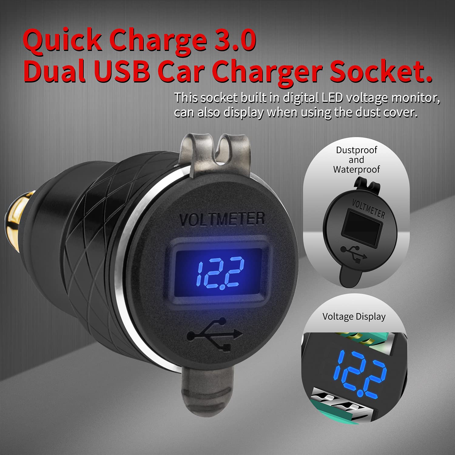 DaierTek DIN Hella Plug to Dual USB Charger Adapter for BMW Triumph Tiger Ducati Motorcycle Quick Charge QC 3.0 Powerlet Waterproof with Blue LED Voltmeter