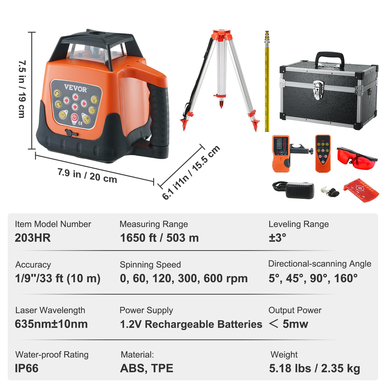 VEVOR Red Rotary Laser Level 1650ft,360 Degree Self Leveling Laser Level Kit,with Surveying Tripod&5m Staff,IP66 Waterproof Remote Control,5 Rotation Speeds&4 Angles Adjustment(Ship in Three Packages)