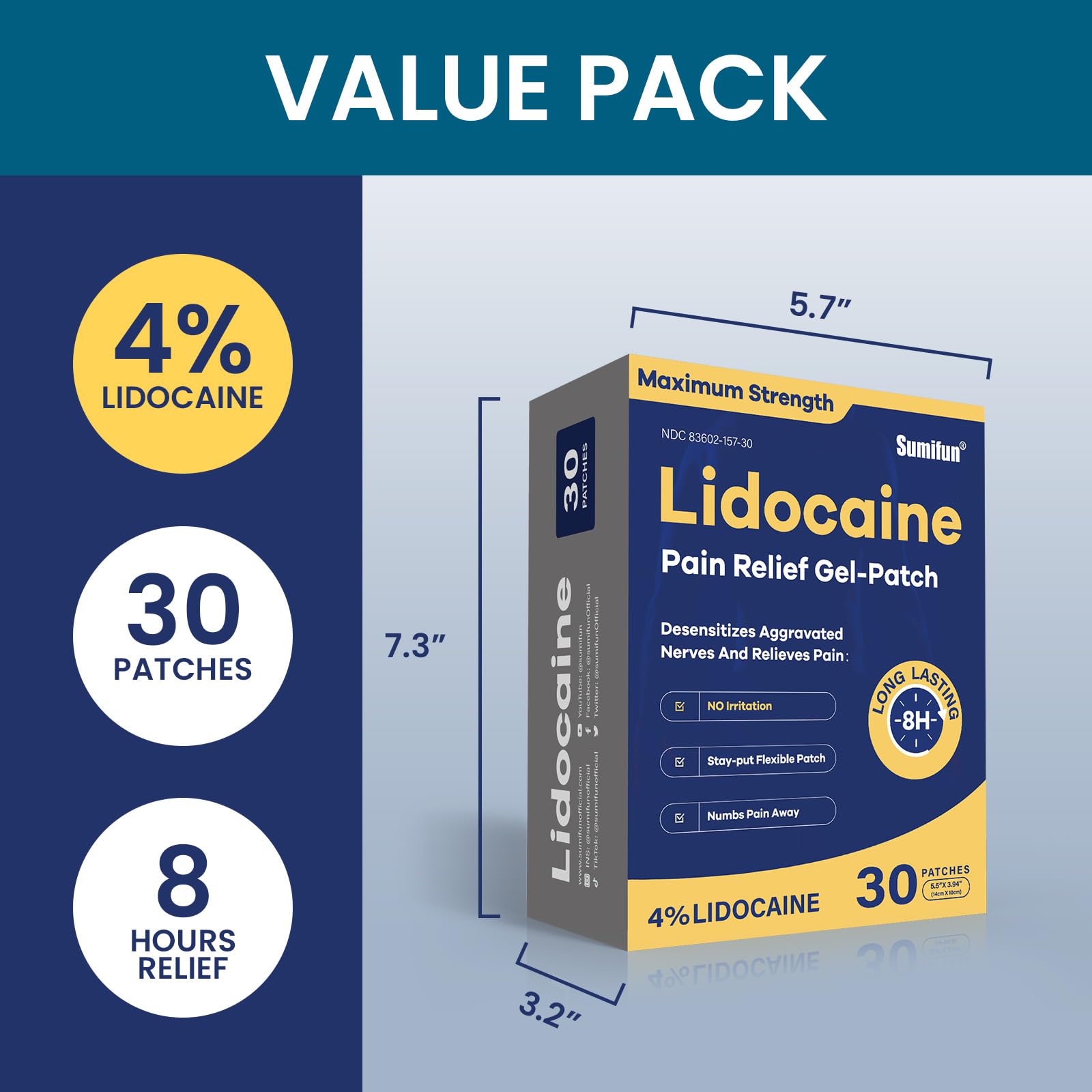Sumifun 4% Lidocaine Pain Relief Patches 30 Count Maximum Strength Numbing Gel Patch for Back Knee Neck Joint Ache Muscle Soreness Topical Analgesic FSA or HSA Eligible