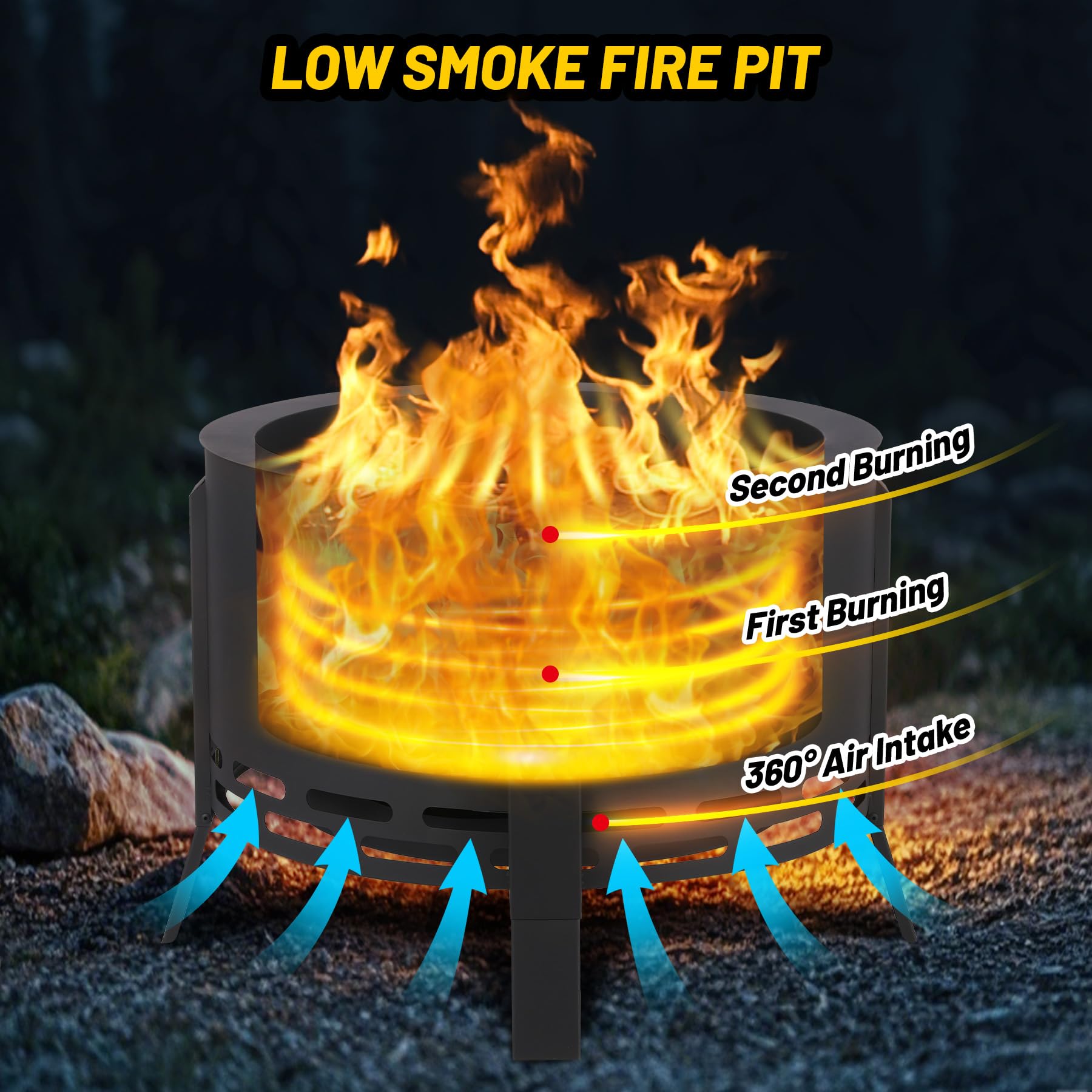 GarveeLife 26 in Smokeless Fire Pit with Ash Tray Base,Smokeless Outdoor Firepits with Adjustable Foot&Fire Poker,Firepit with Dust Bag,Outdoor Fire Pits for BBQ,Bonfire,Camping