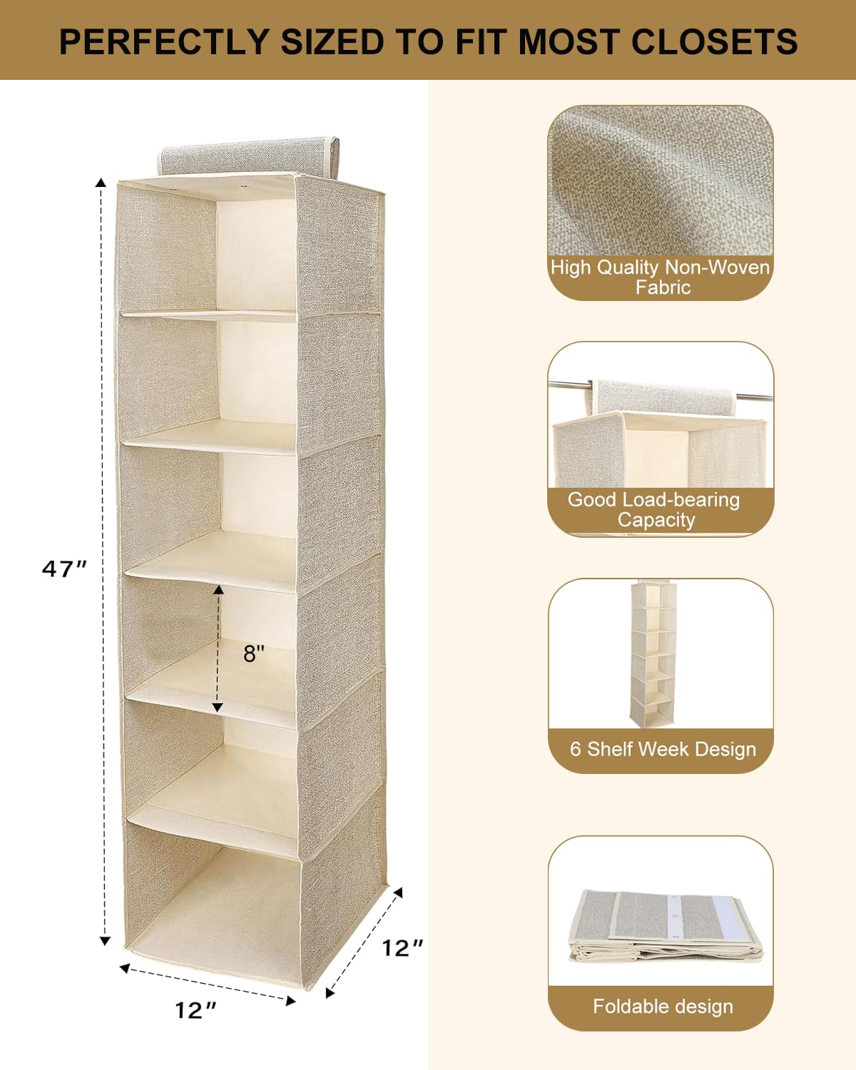 NEATJELAI 2 Pack Hanging Closet Organizer 6 Tier Large Hanging Shoe Organizer Shelves for Closet Wardrobe Baby Clothes Organization and Storage, Foldable Design, Beige,12" D x 47" W x 12" H