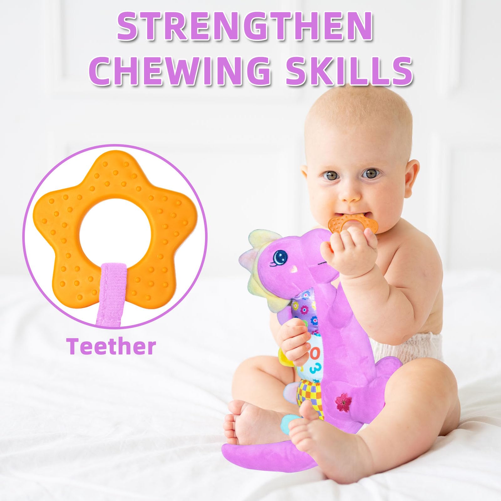Baby Dino Musical Stuffed Animal Toys for 0-3-6-9-12 Months,Infant Dinosaur Tummy Time Toys with Crinkle Sound Paper,Teether,Textures & Rattles for Newborn Boys Girls Birthday Gifts,Purple