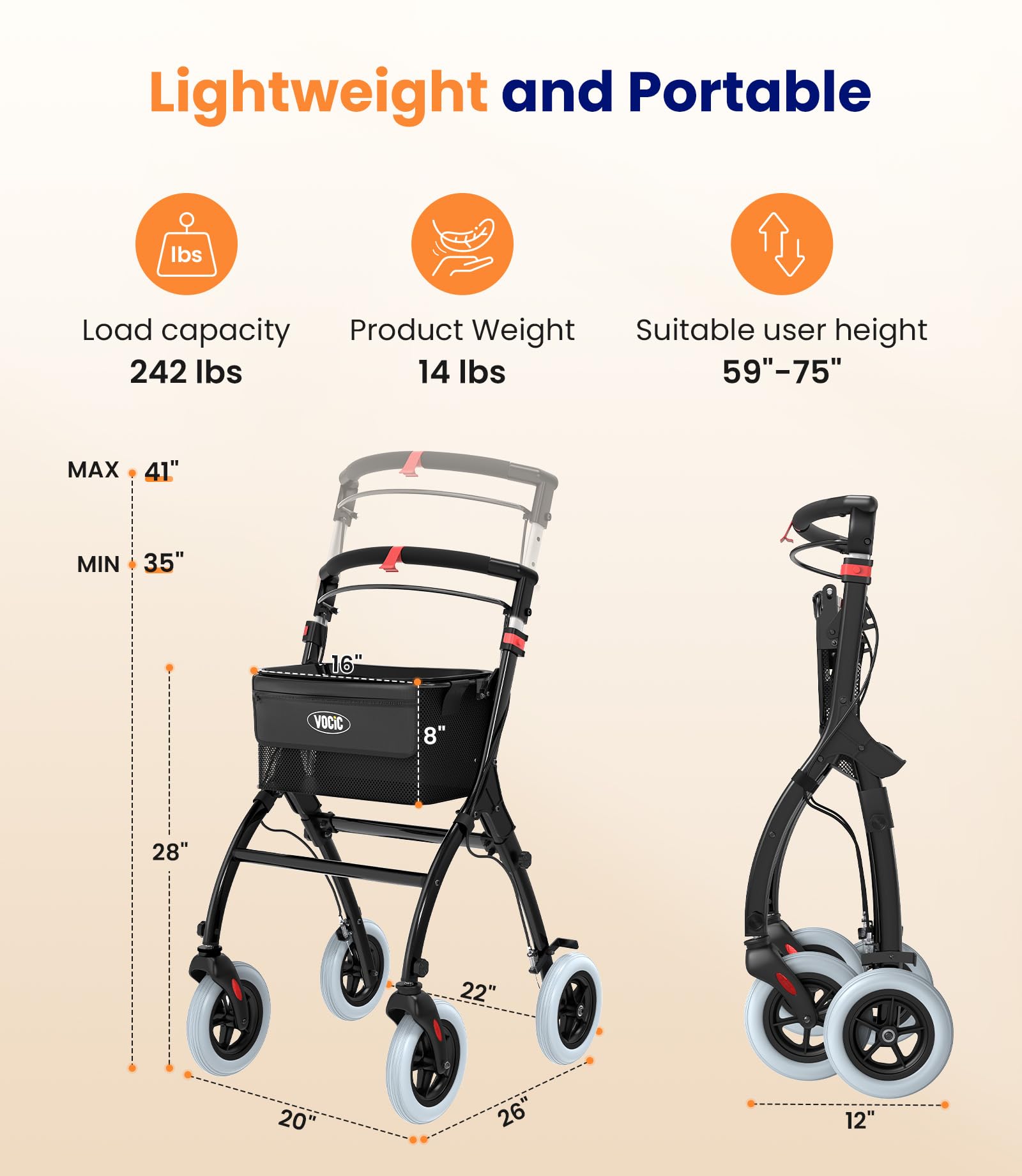 Narrow Rollator Walkers for Small Spaces, Indoor Rollator Foldable and Lightweight, Stable Home Rollator with Quiet Anti-Slip Tires, Rollators for Seniors Foldable with Tray