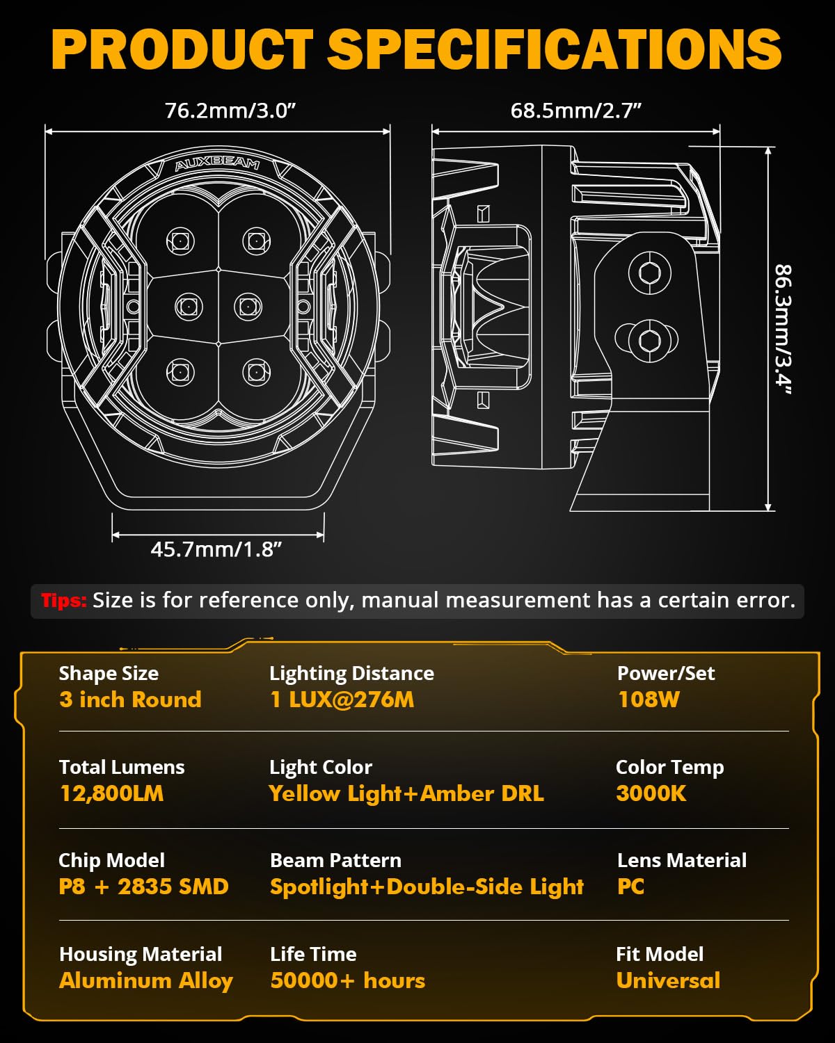 Auxbeam V-Ultra Series 3 Inch 108W LED Round Pods, 3 Modes Offroad Driving Side Shooter Light with Amber DRL, 270° Ultra-Wide Amber Cube Universal Spotlights with Covers & DT Plug Wiring Harness