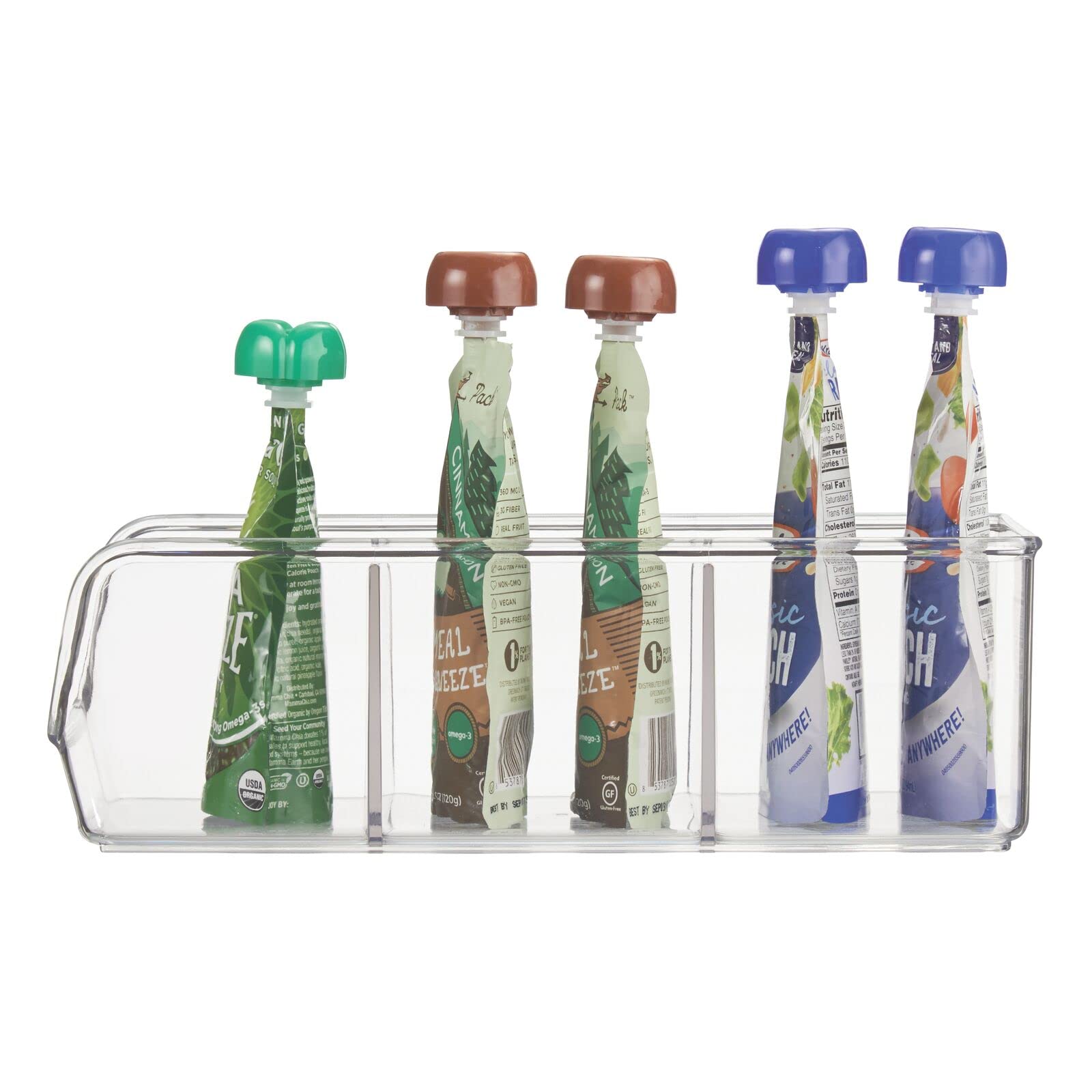 mDesign Plastic Food Storage Bin Organizer with 3 Compartments for Kitchen Cabinet, Pantry, Shelf, Drawer, Fridge, Freezer Organization - Holds Snack Bars - Ligne Collection - 2 Pack - Clear