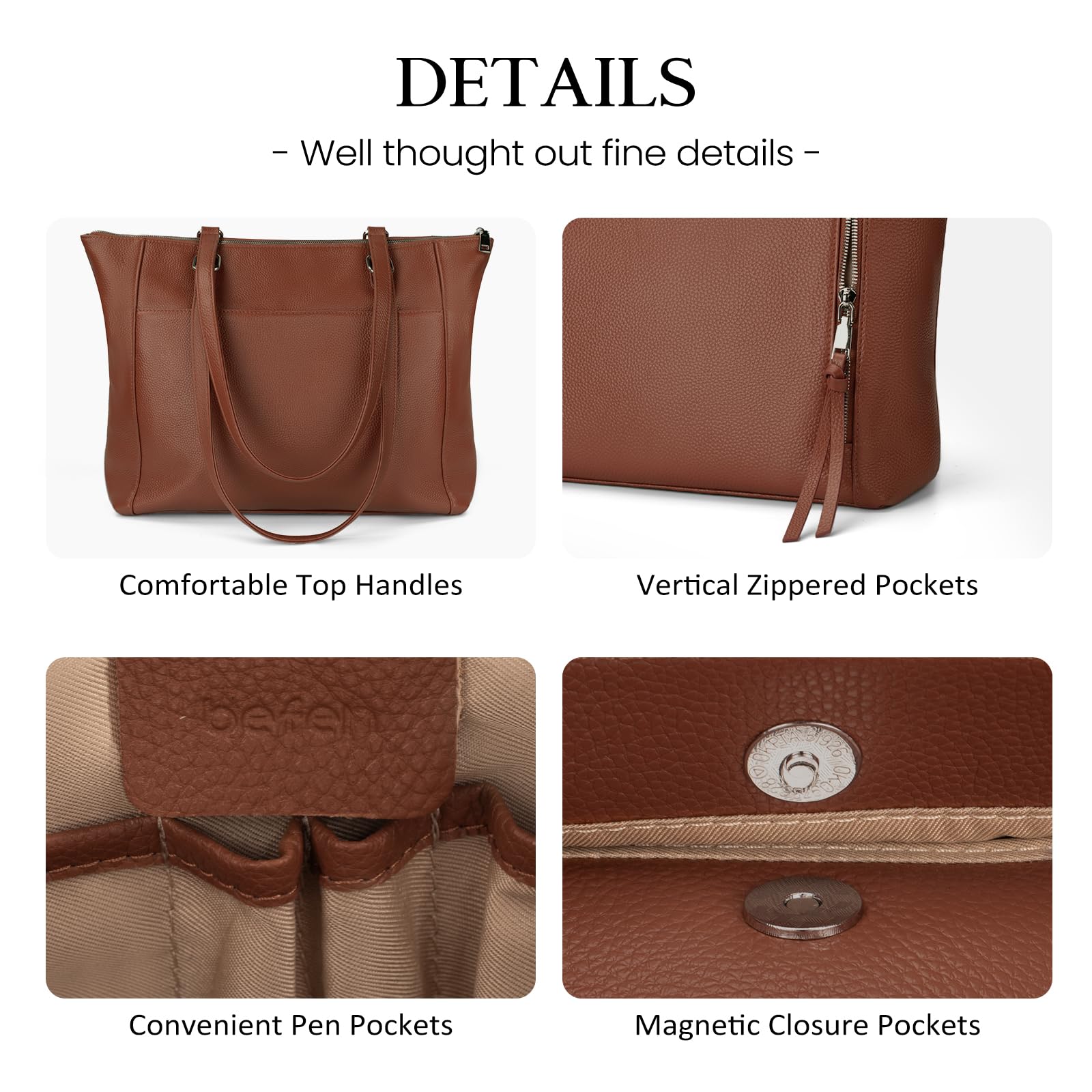 befen Genuine Leather Tote Bag for Women for Work, Brown Large Tote Purse, Women's Large Soft Leather Handbags and Shoulder Bags Satchel Handbags with Top Handles for Work Travel