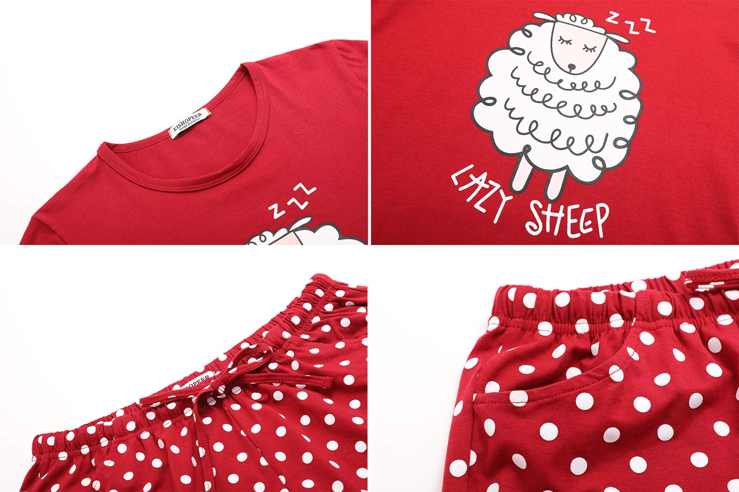 EISHOPEER Womens Long Sleeve Pajamas Set Cute Lazy Sheep Printed Sleepwear Pj Lounge Sets Wine Red XS