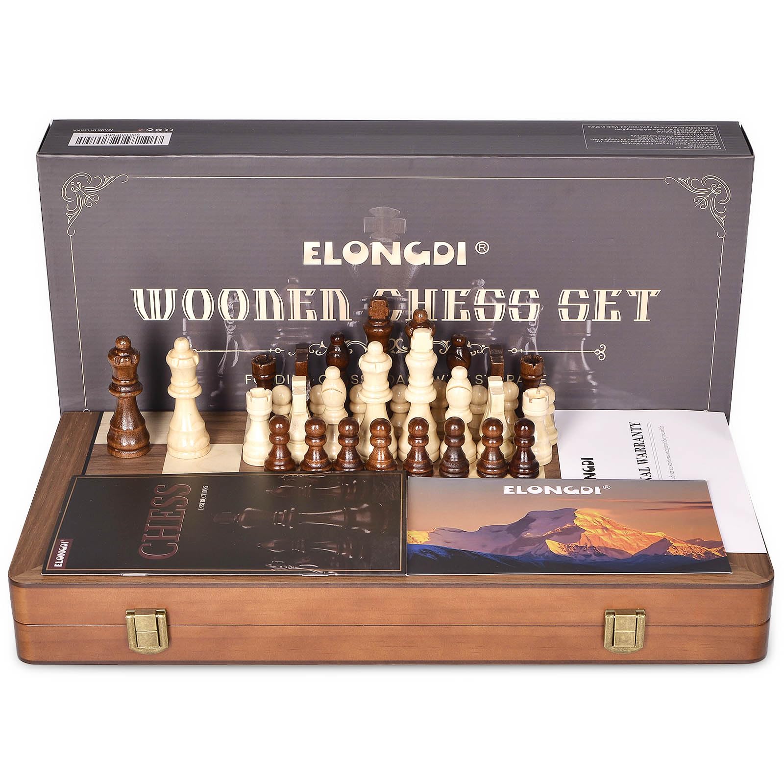 ELONGDI 15" Wooden Chess Set with Magnetic Pieces - Extra Queens - Folding Chessboard Portable Travel Tournament Chess Board Games for Adults Kids