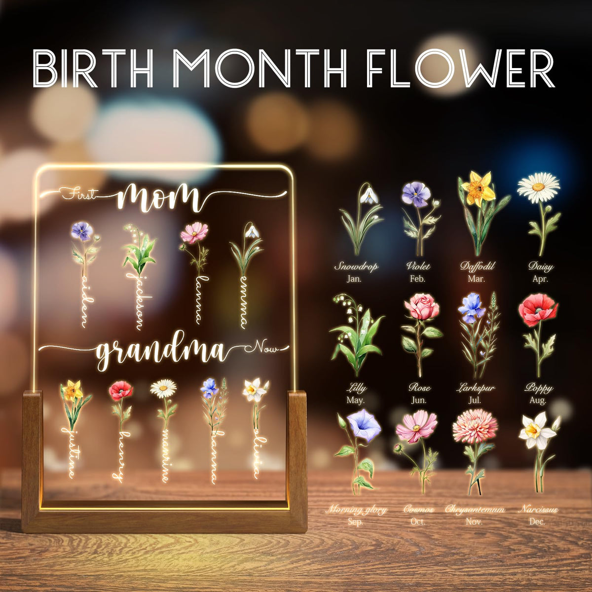 LUCKOR Christmas Gifts for Mom, Grandma, Personalized Mothers Day Gifts, Customized Birth Month Flower with Names, Mother's Day Gift Ideas for Mom Grandma Mama Nana from Kids Grandkids