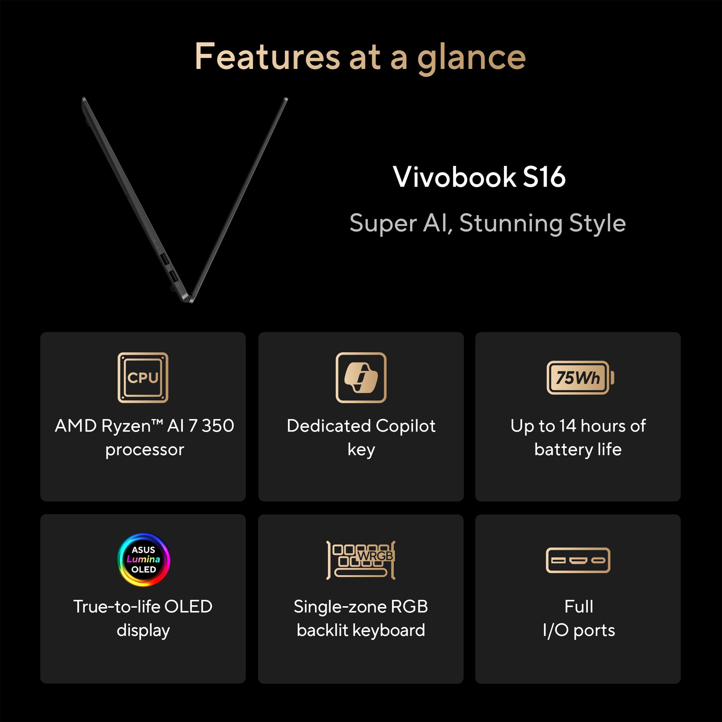 ASUS Vivobook S16 Laptop, Copilot+ PC, AMD Ryzen AI 7 350 with XDNA NPU, 16GB Memory, 1TB SSD, Neutral Black, M5606KA-DS76
