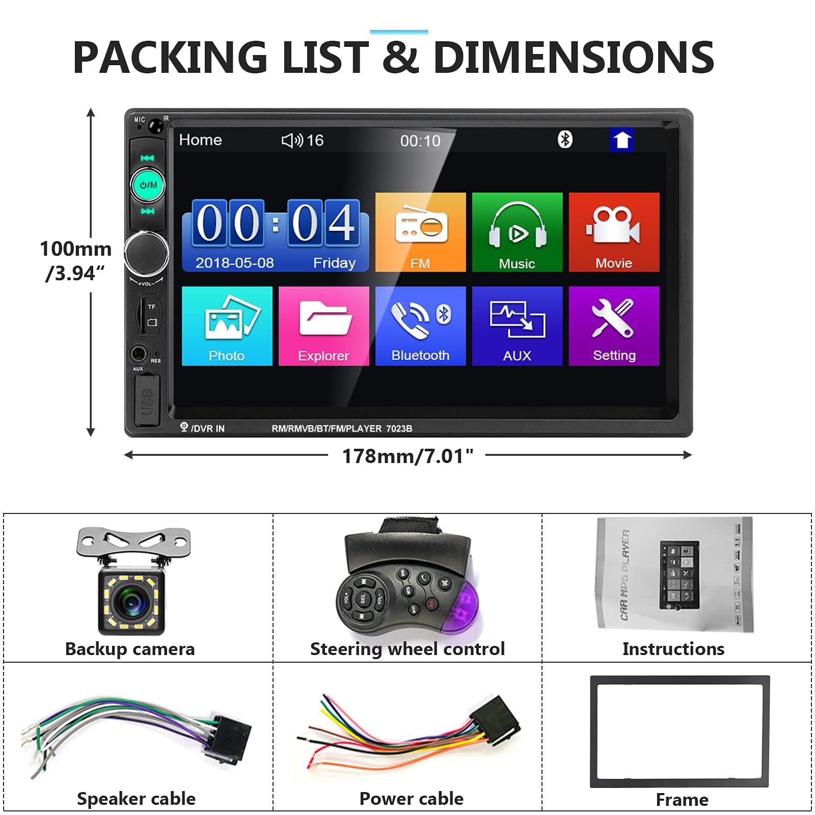Podofo Car Stereo Double Din Car Radio 7 Inch MP5 Player with HD Touch Screen Digital Display Bluetooth Multimedia Support PhoneLink USB SD Aux-in 2 Din Autoradio with Backup Camera