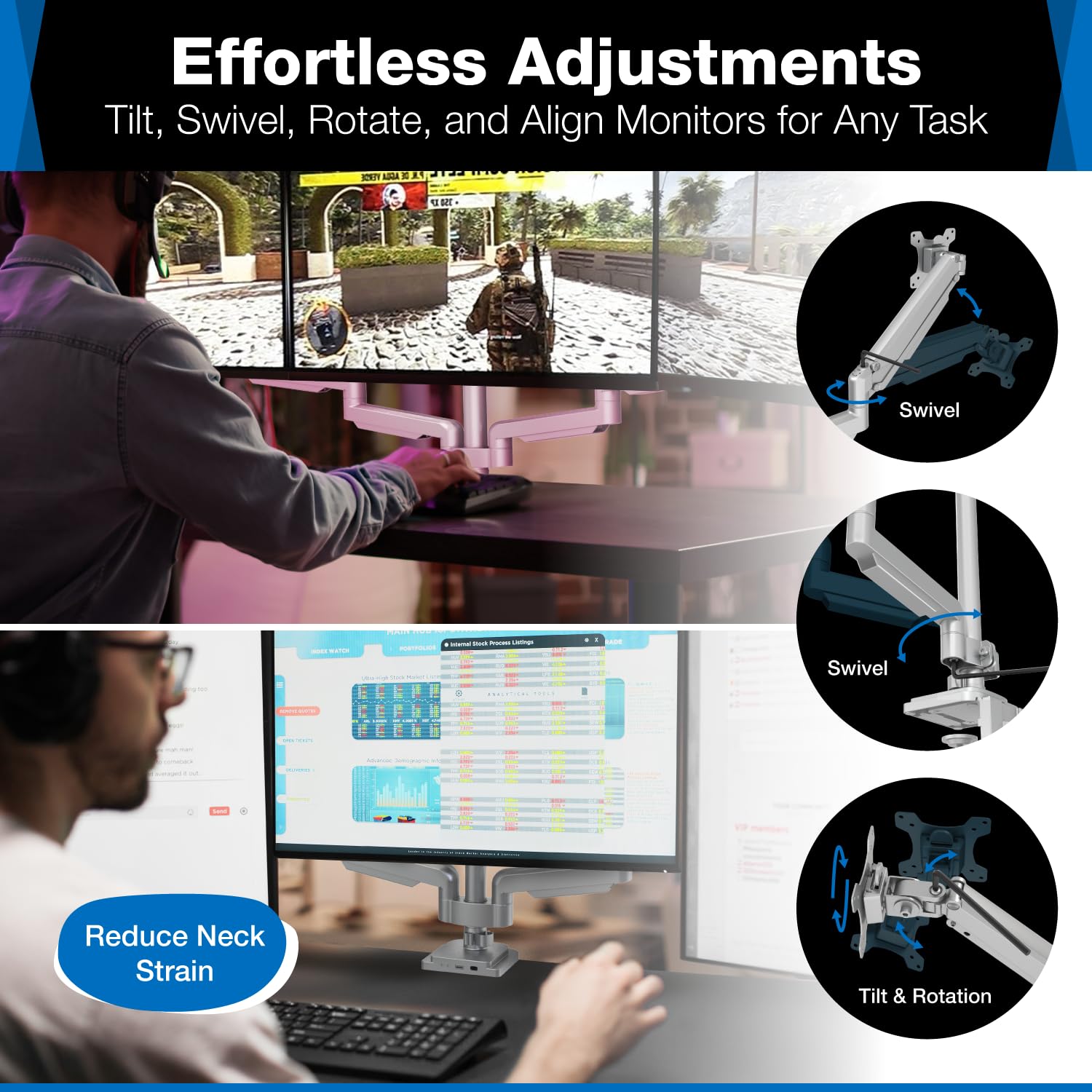 Mount-It! Triple Monitor Mount with USB and Audio Ports, 3 Monitor Desk Mount, Balanced Height Adjustable Triple Monitor Stand for Three Computer Screens 24 27 30 32 Inch VESA Screens, Gaming, Office