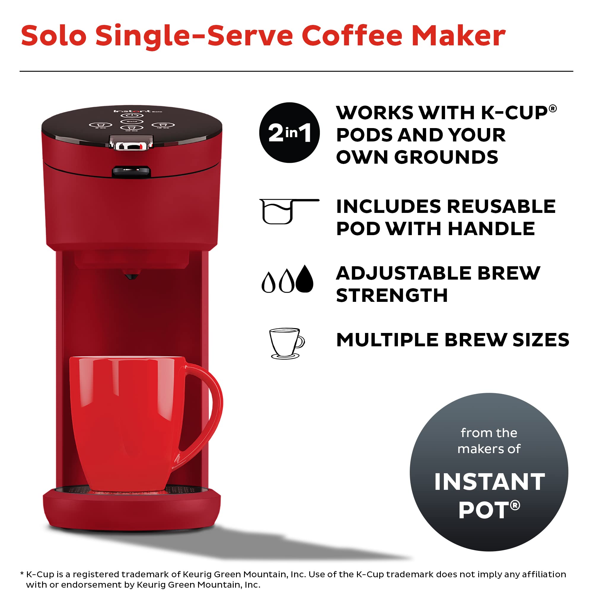 Instant Solo Single Serve Coffee Maker, From the Makers of Pot, K-Cup Pod Compatible Brewer, Includes Reusable & Bold Setting, Brew 8 to 12oz., 40oz. Water Reservoir, Red