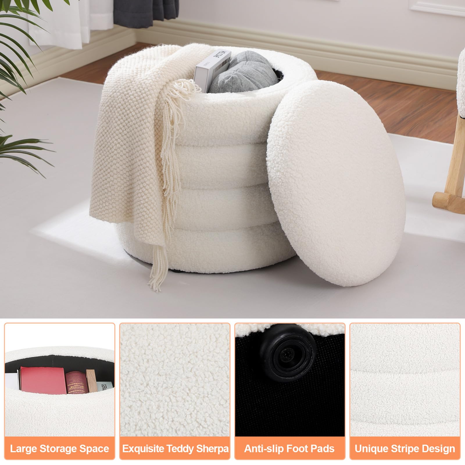 Dolift Teddy Sherpa Round Ottoman with Storage, Modern Upholstered Vanity Stool Foot Rest, Small White Boucle Storage Ottoman for Bedroom, Living Room, Entryway, Dorm
