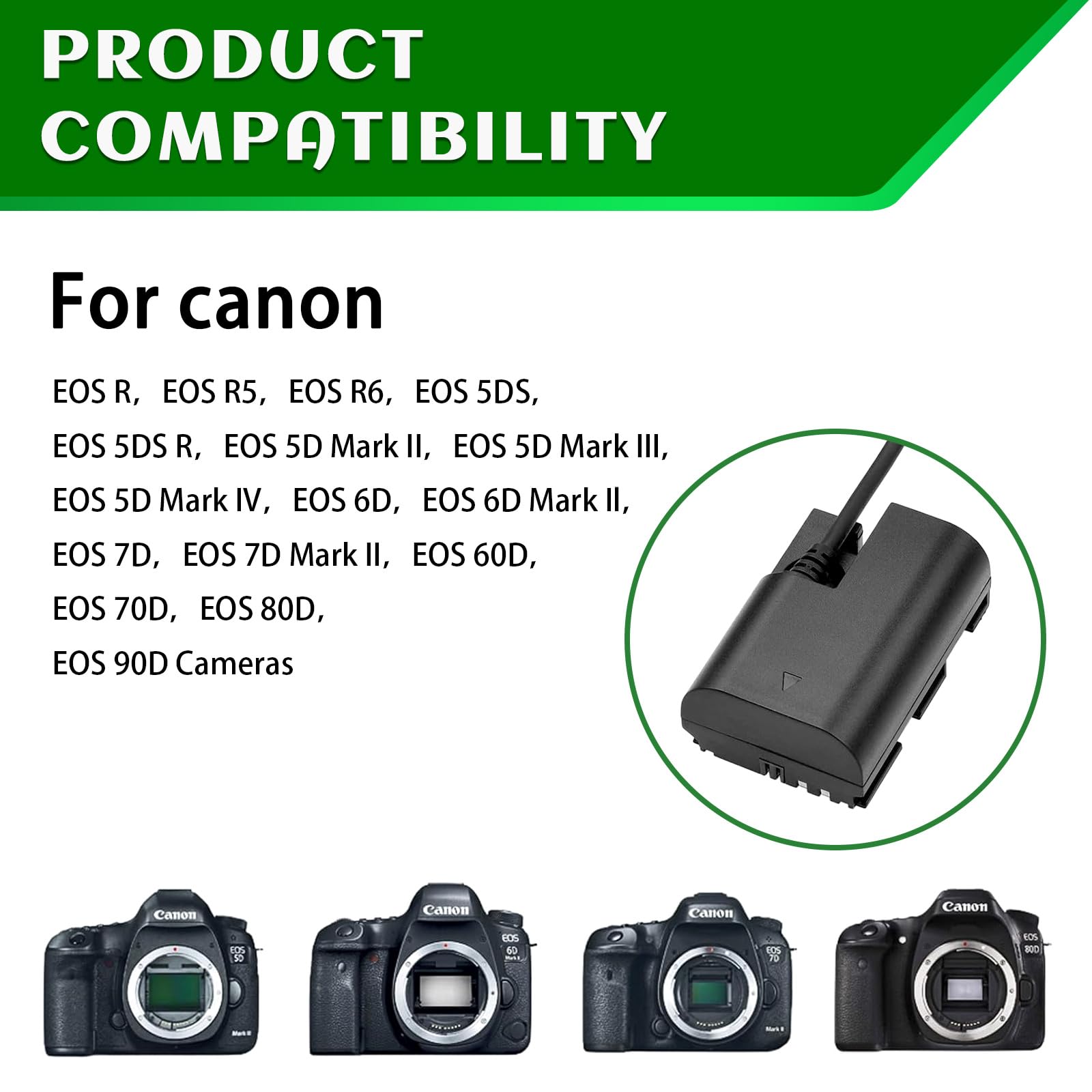 Gonine LP-E6 Dummy Battery ACK-E6 Continuous Power Adapter for Canon EOS R Ra R3 R5 R5C R6 R6II R7, 90D 80D 70D 60D 7D 6D, 5D Mark II/III/IV, 5DS 5DSR Digital Cameras.