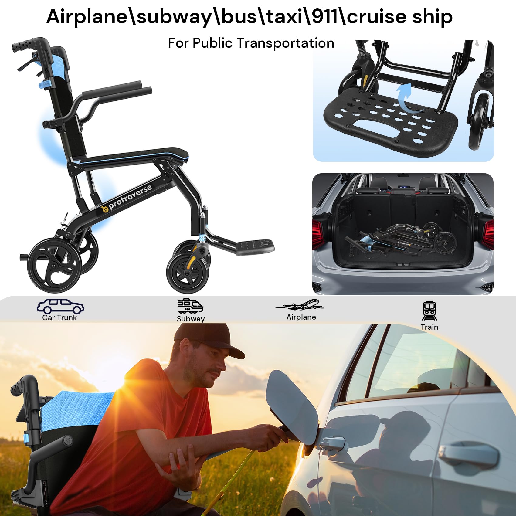 Wheelchairs for Adults,Utral-Lightweight(only 19.4lbs) Transport Chair, Foldable and PortableTravel Wheelchair with Telescopic Handle,Portable Folding Transfer Wheelchairs for Seniors(Blue)