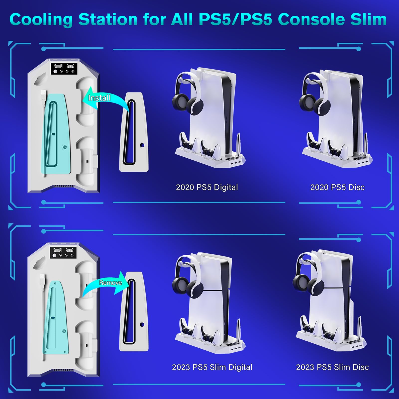 Cooling Stand Compatible with PS5, Cooling Station for PS5 & PS5 Slim Console Disc/Digital Edition, Charging Station with Dual Controller Charger, 3 Levels Cooling Fan, 3 USB Hubs & Headset Holder