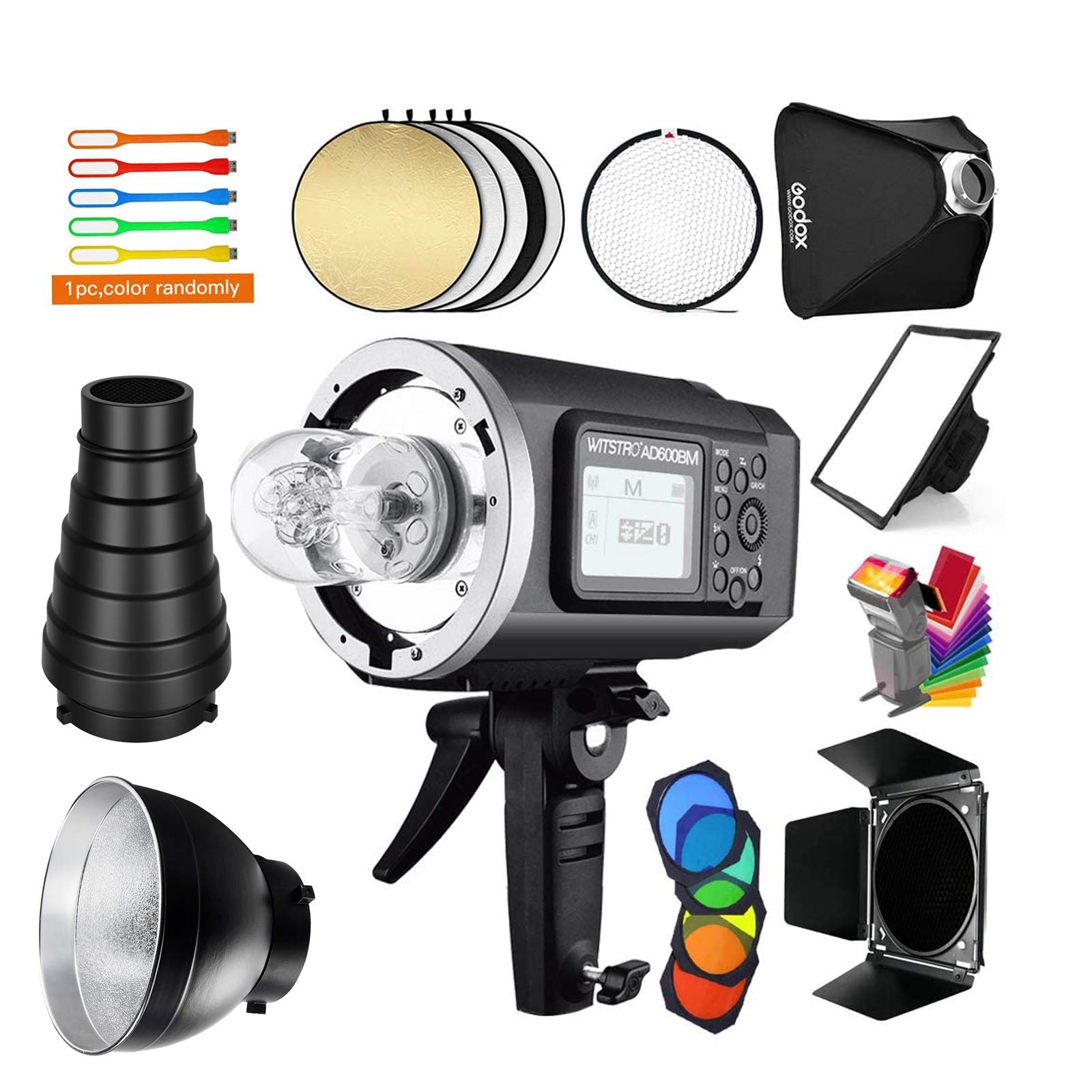 Godox AD600BM 600Ws GN87 HSS 1/8000s Outdoor Flash Strobe Studio Monolight with Bowens Mount, 8700mAh Battery, 2.4G Wireless X System with 32"x32" Softbox, Standard Reflector, Snoot, Barn Door Kit