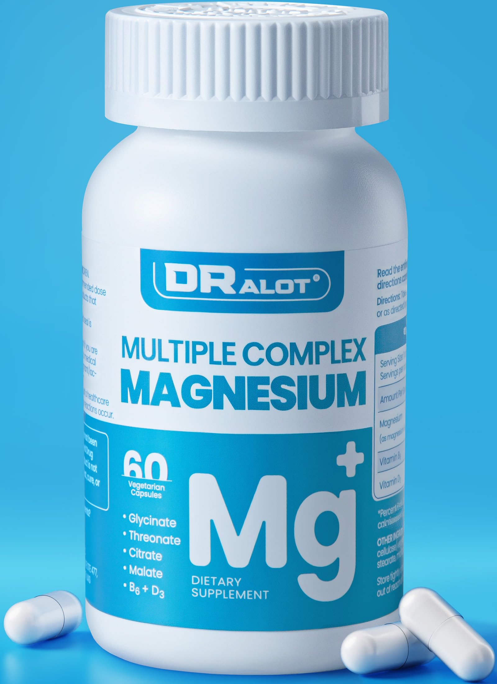 Quadruple Magnesium Supplement, 400mg of Chelate Magnesium Glycinate, L-threonate, Citrate & Malate | Max Absorption Complex w/Vitamin D3 & B6, for Sleep Heart Muscles Nerves, Non-GMO, 60 Vegan Caps