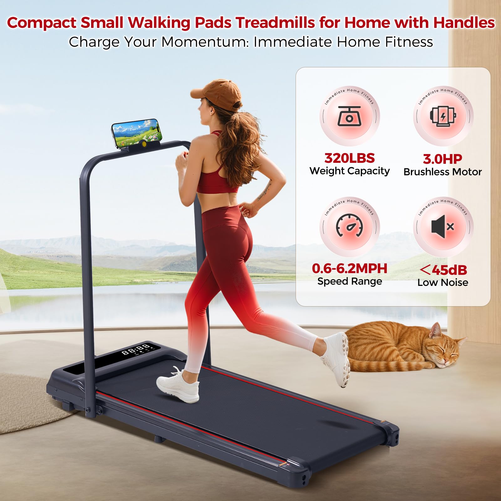 Treadmill with Handles for Home Small, 3.0HP Electric Compact Walking Pad Treadmills with Handle Bar, 0.6-6.2MPH Portable Under Desk Treadmill Home for Small Space, 320LBS