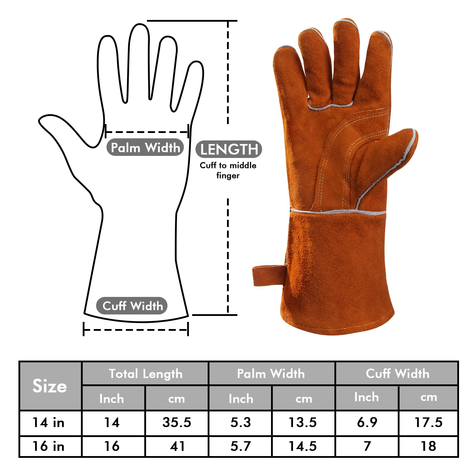 QeeLink Welding Gloves - Heat/Fire Resistant Lined Leather and Fireproof Stitching-Fireplace/BBQ/Gardening for Men or Women (14-inch, Brown)