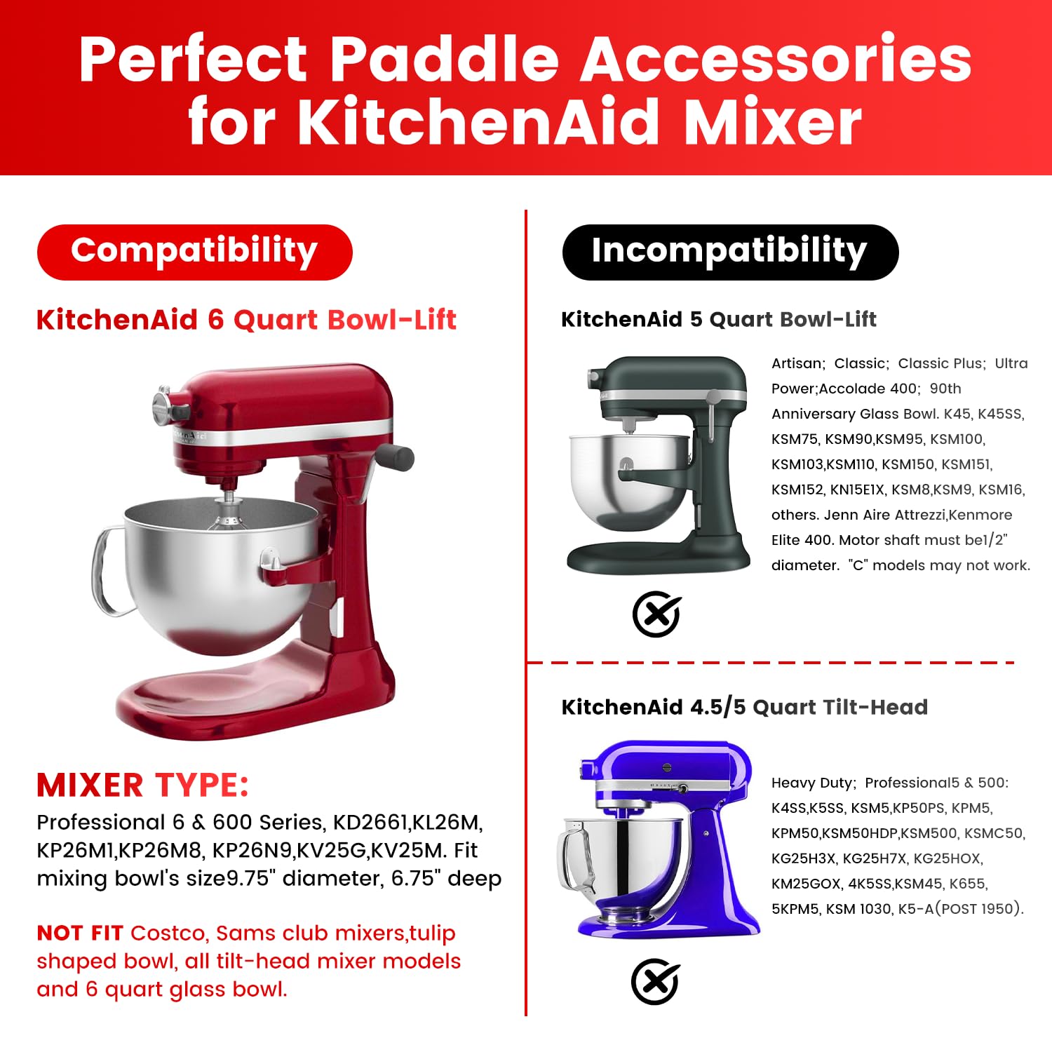 Flex Edge Beater Fit for Kitchenaid 6-Quart Bowl-Lift Stand Mixers, Silicone Edges Kitchen aid Paddle Attachment Mixer Accessory